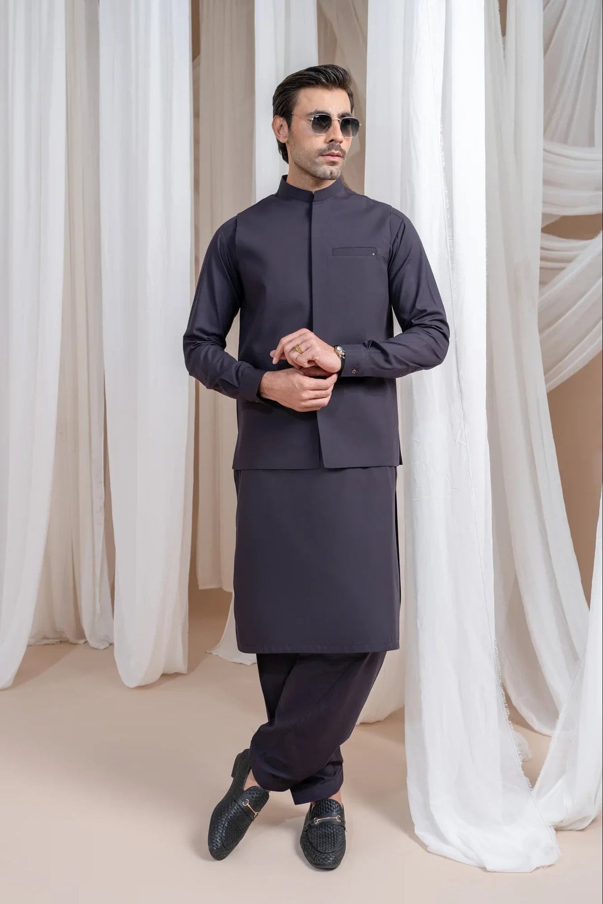Burgundy Luxury Formal Kameez Shalwar with Blended Waistcoat - Straight Cut - Men