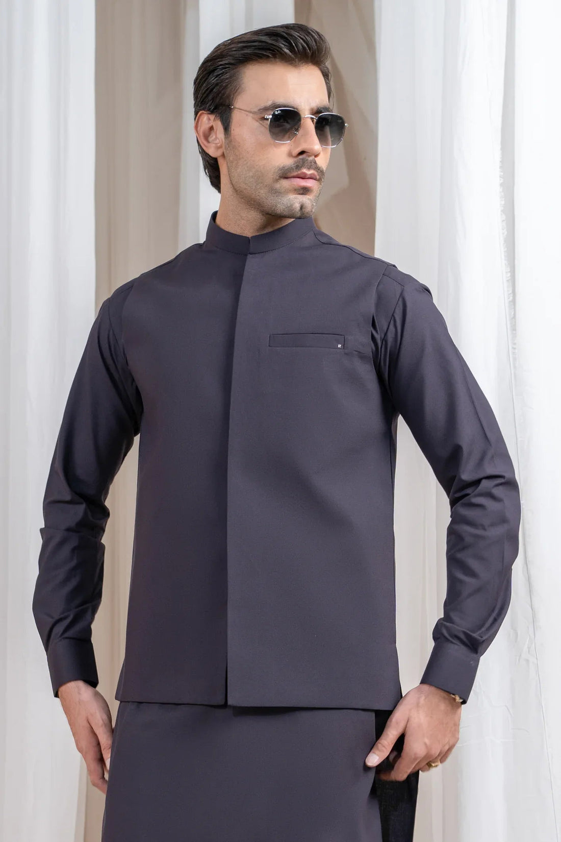 Burgundy Luxury Formal Kameez Shalwar with Blended Waistcoat - Straight Cut - Men