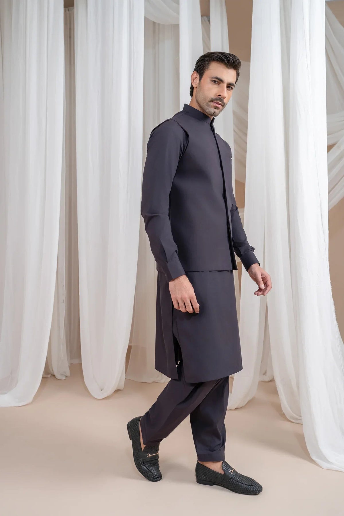 Burgundy Luxury Formal Kameez Shalwar with Blended Waistcoat - Straight Cut - Men