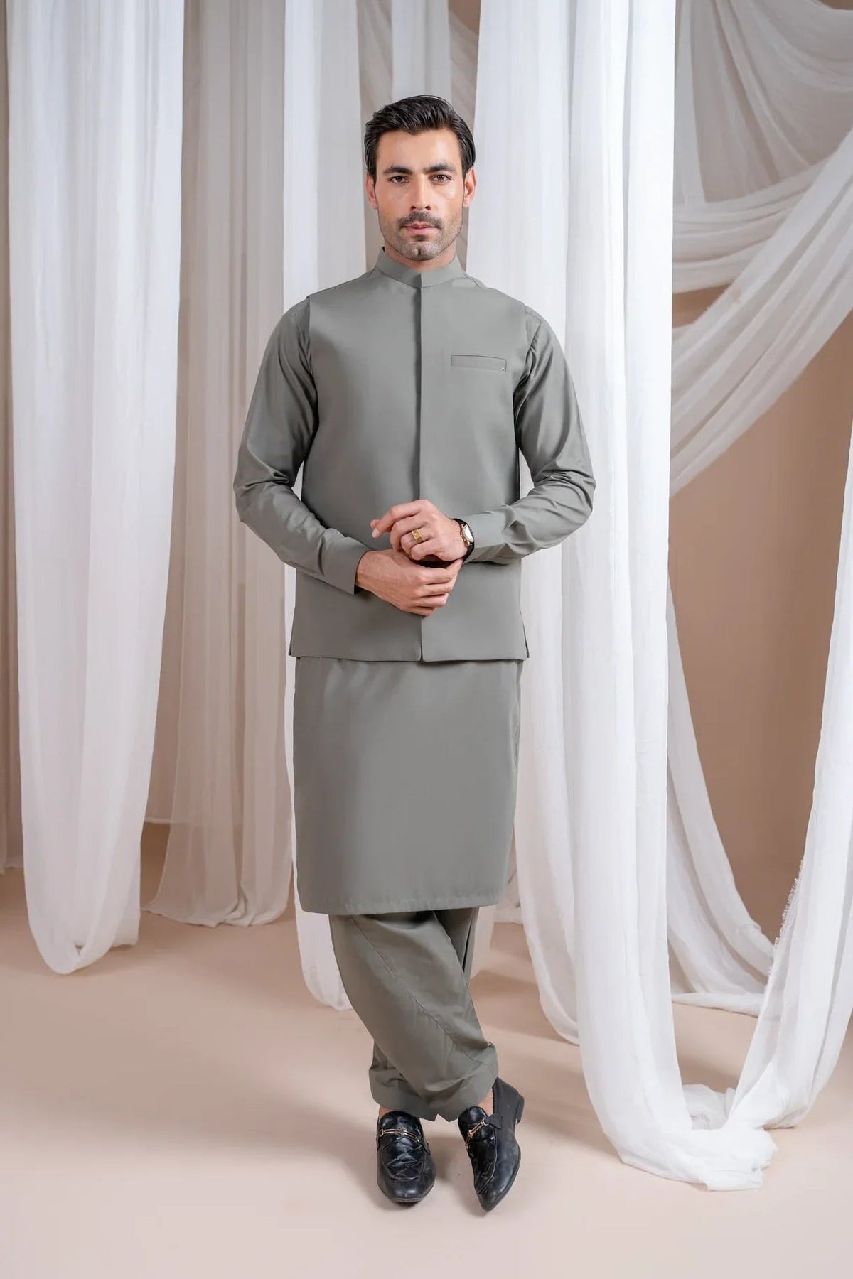 Sand Grey Luxury Formal Kameez Shalwar with Blended Waistcoat - Straight Cut - Men