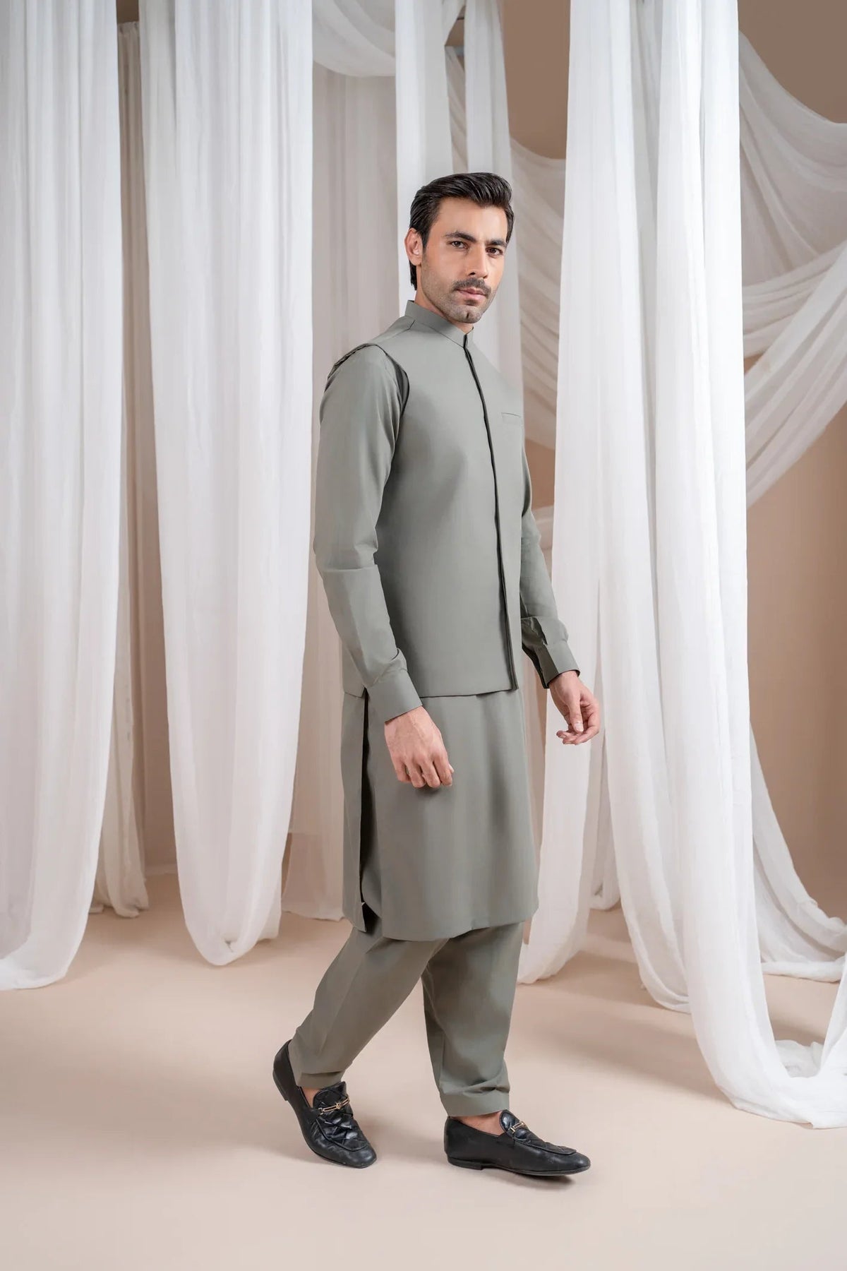 Sand Grey Luxury Formal Kameez Shalwar with Blended Waistcoat - Straight Cut - Men