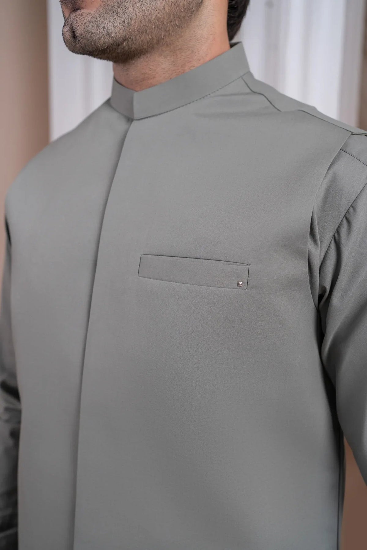 Sand Grey Luxury Formal Kameez Shalwar with Blended Waistcoat - Straight Cut - Men