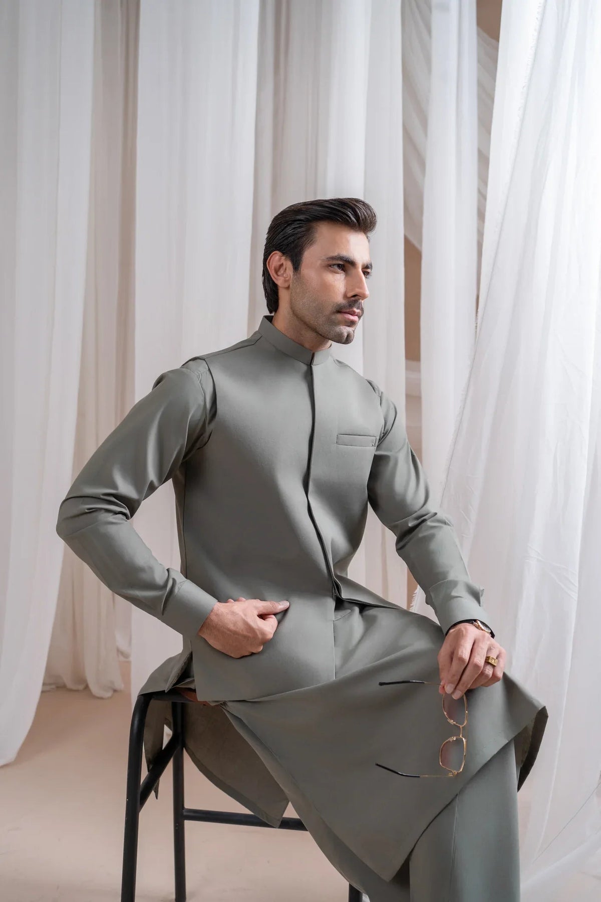 Sand Grey Luxury Formal Kameez Shalwar with Blended Waistcoat - Straight Cut - Men