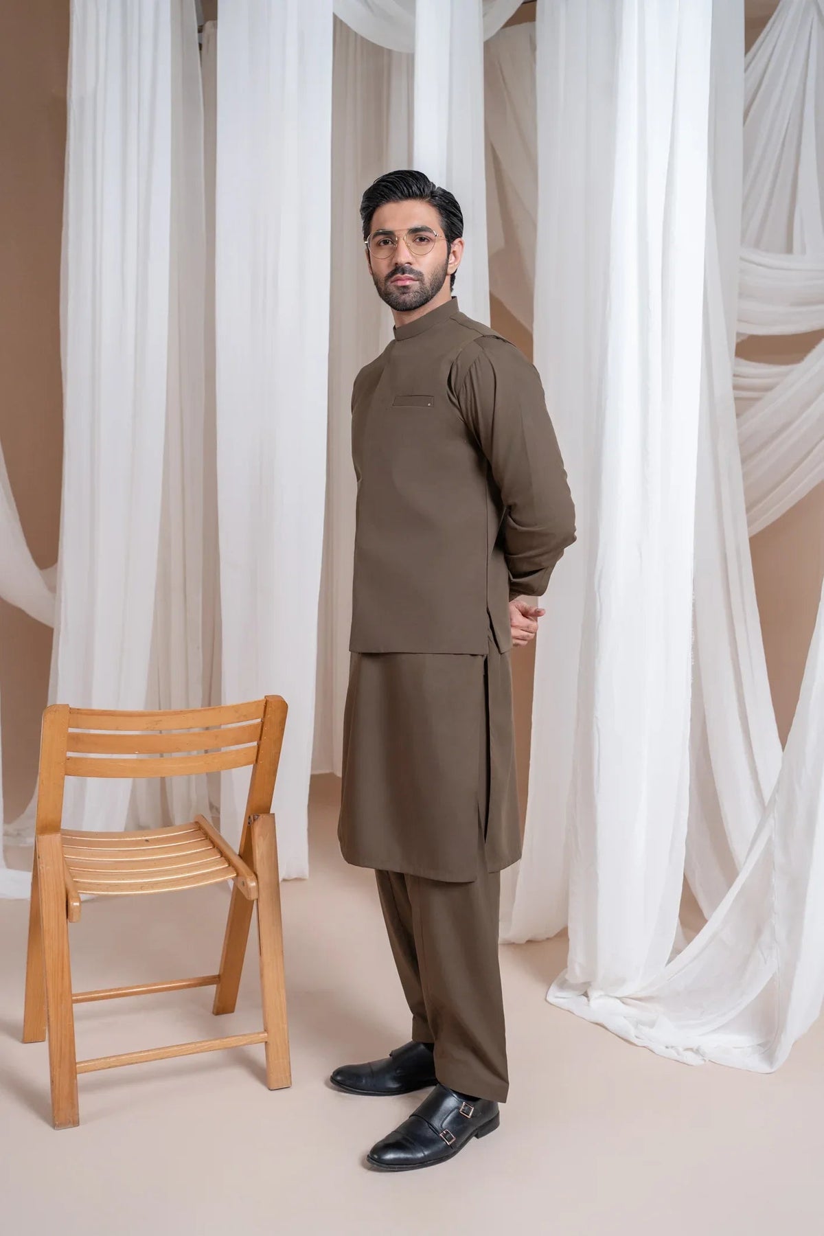 Light Brown Luxury Formal Kameez Shalwar with Blended Waistcoat - Straight Cut - Men