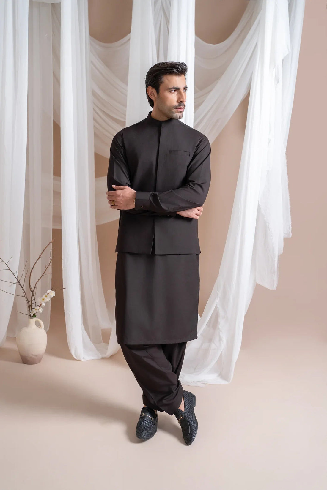 Dark Brown Kameez Shalwar with Blended Waistcoat - Straight Cut - Men