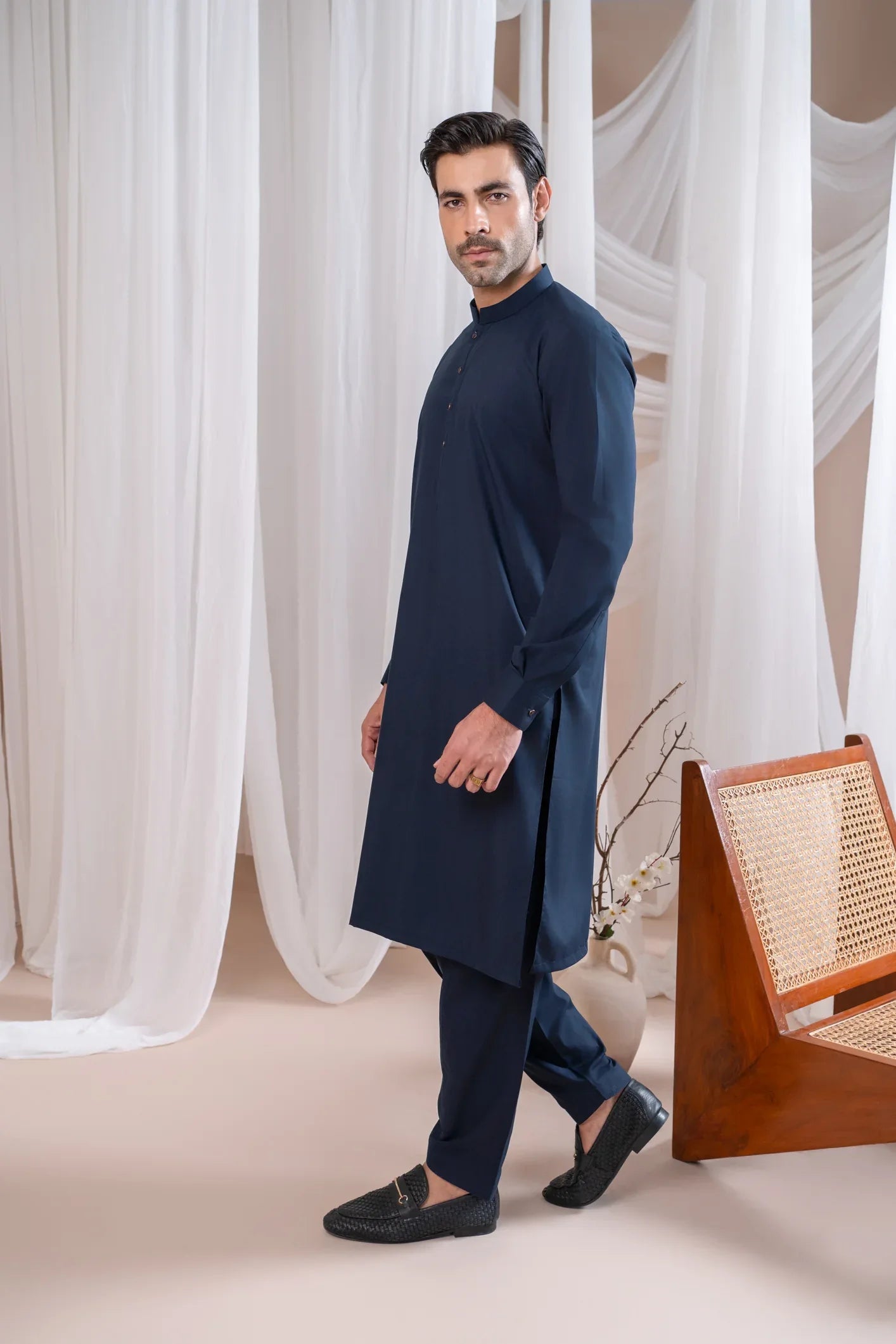 Navy Blue Kurta Trouser/Shalwar - Men