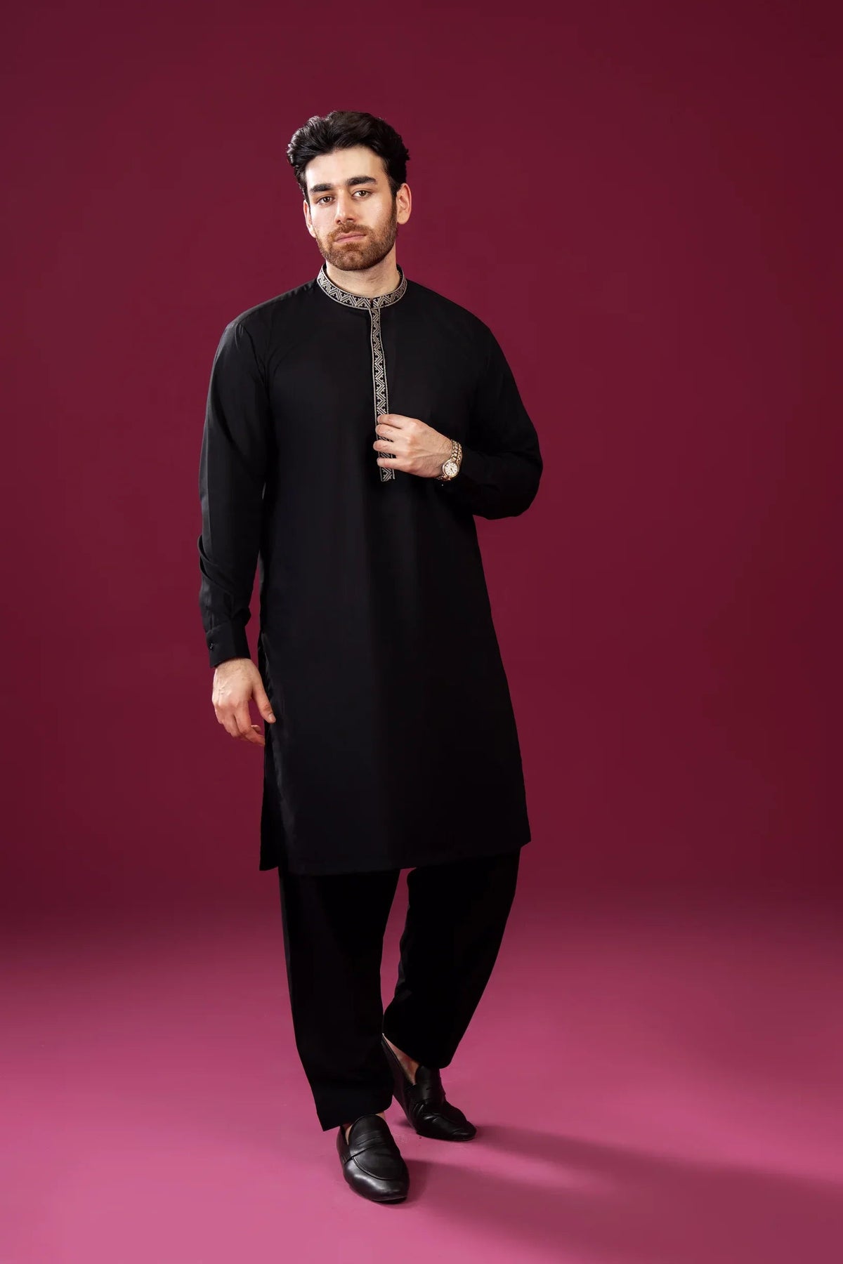 Formal Black Kurta Shalwar - Pattern Collar Neck Embroidered - Men