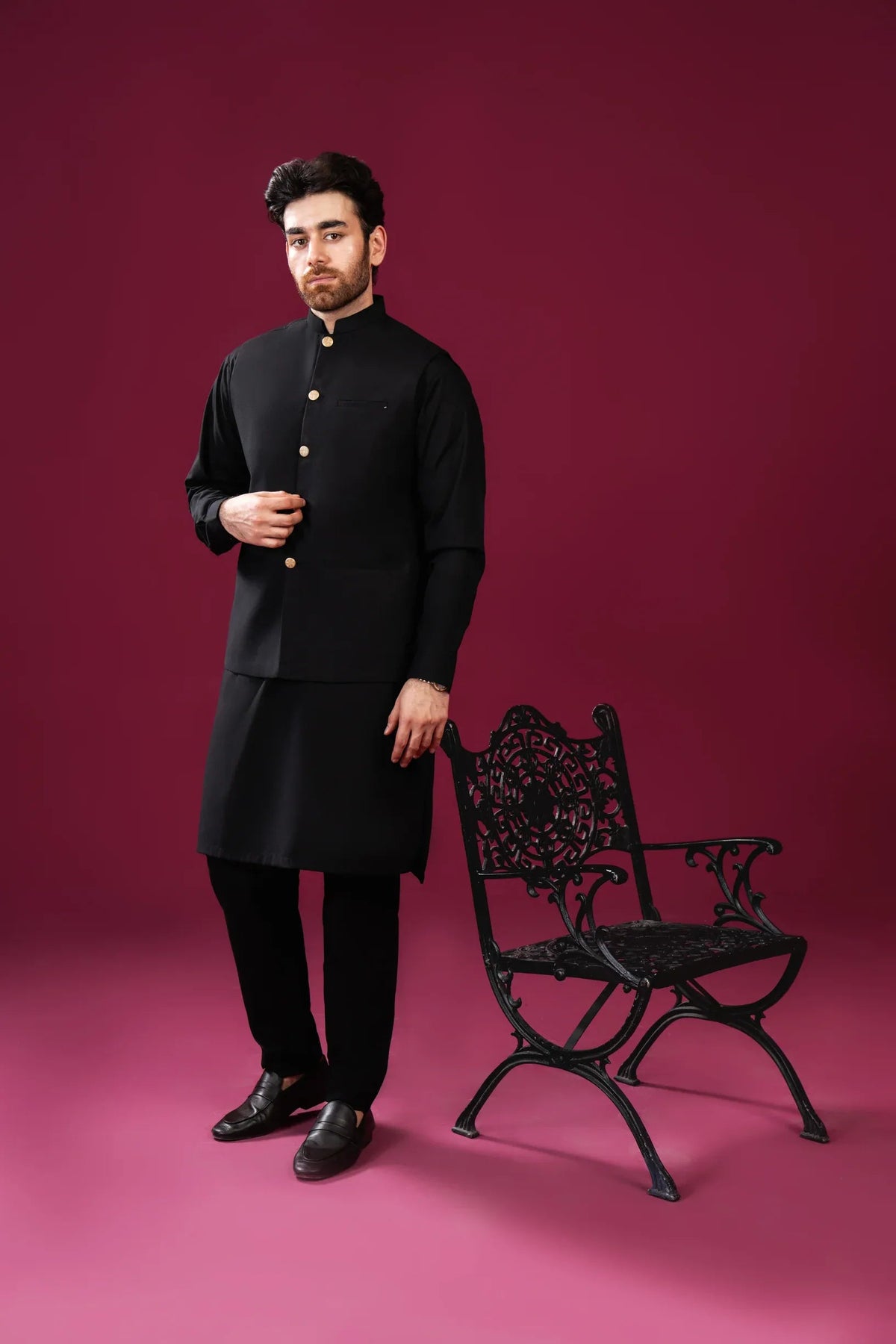 Black Kurta Trouser with Blended Waistcoat - Straight Cut - Men