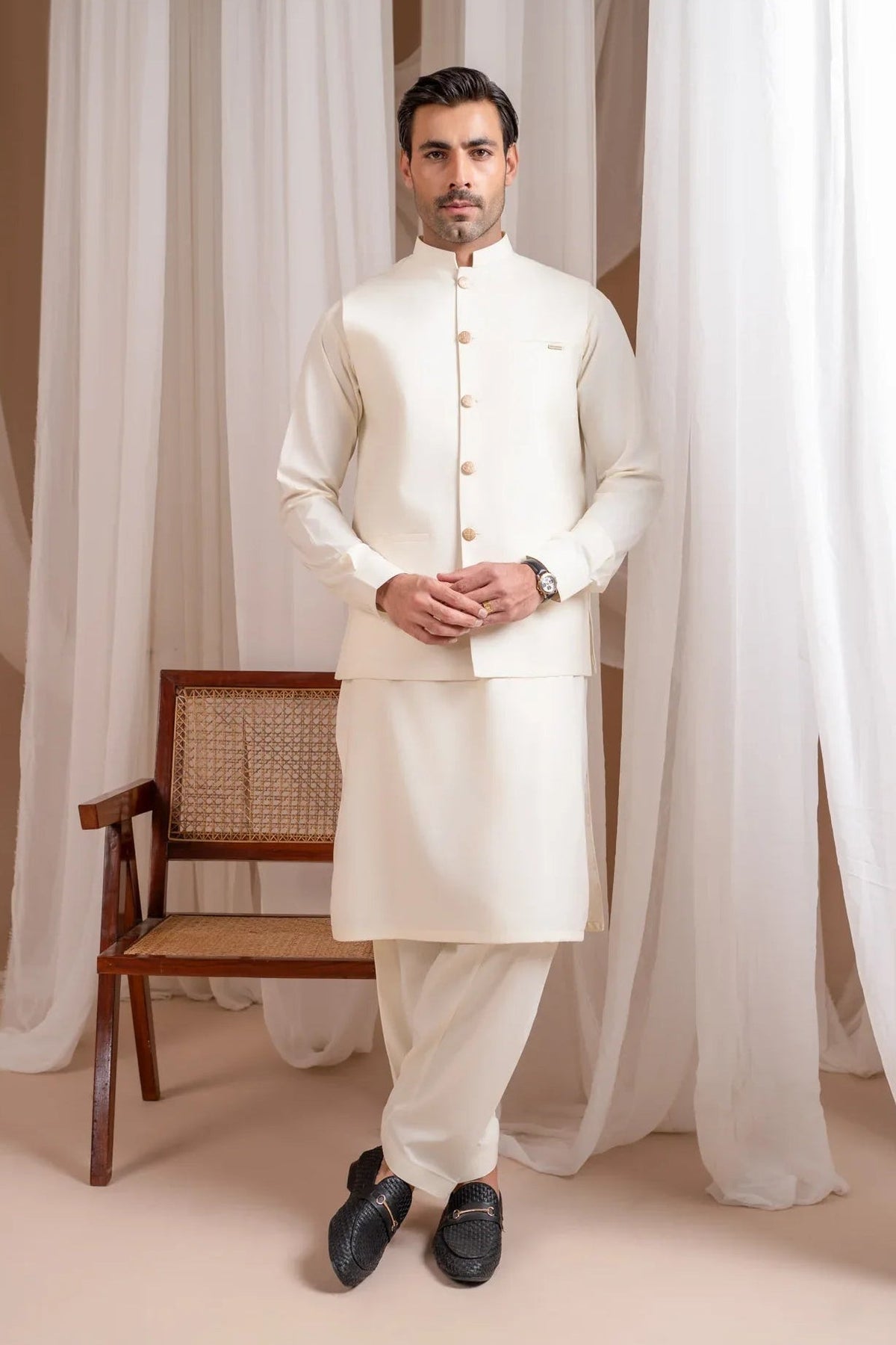 Bosky White Luxury Formal Kameez Shalwar with Blended Waistcoat - Straight Cut Buttoned - Men