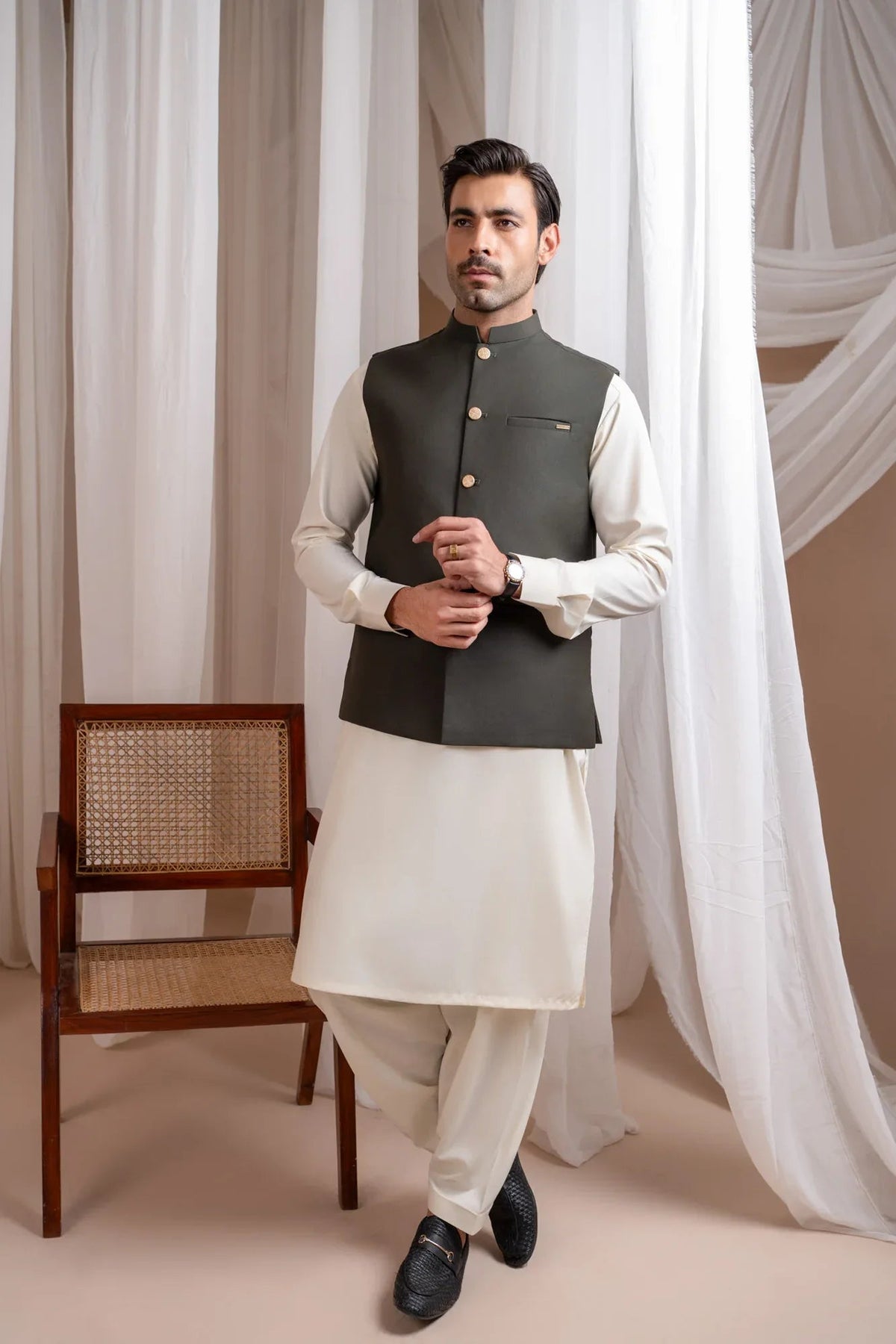 Bosky White Kurta Shalwar with Army Green Suiting Waistcoat - Straight Cut - Men
