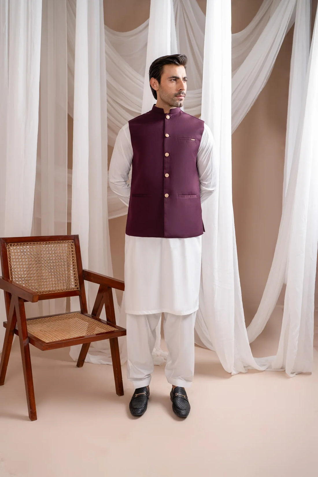 Burgundy Suiting Waistcoat - Straight Cut Buttoned - Men