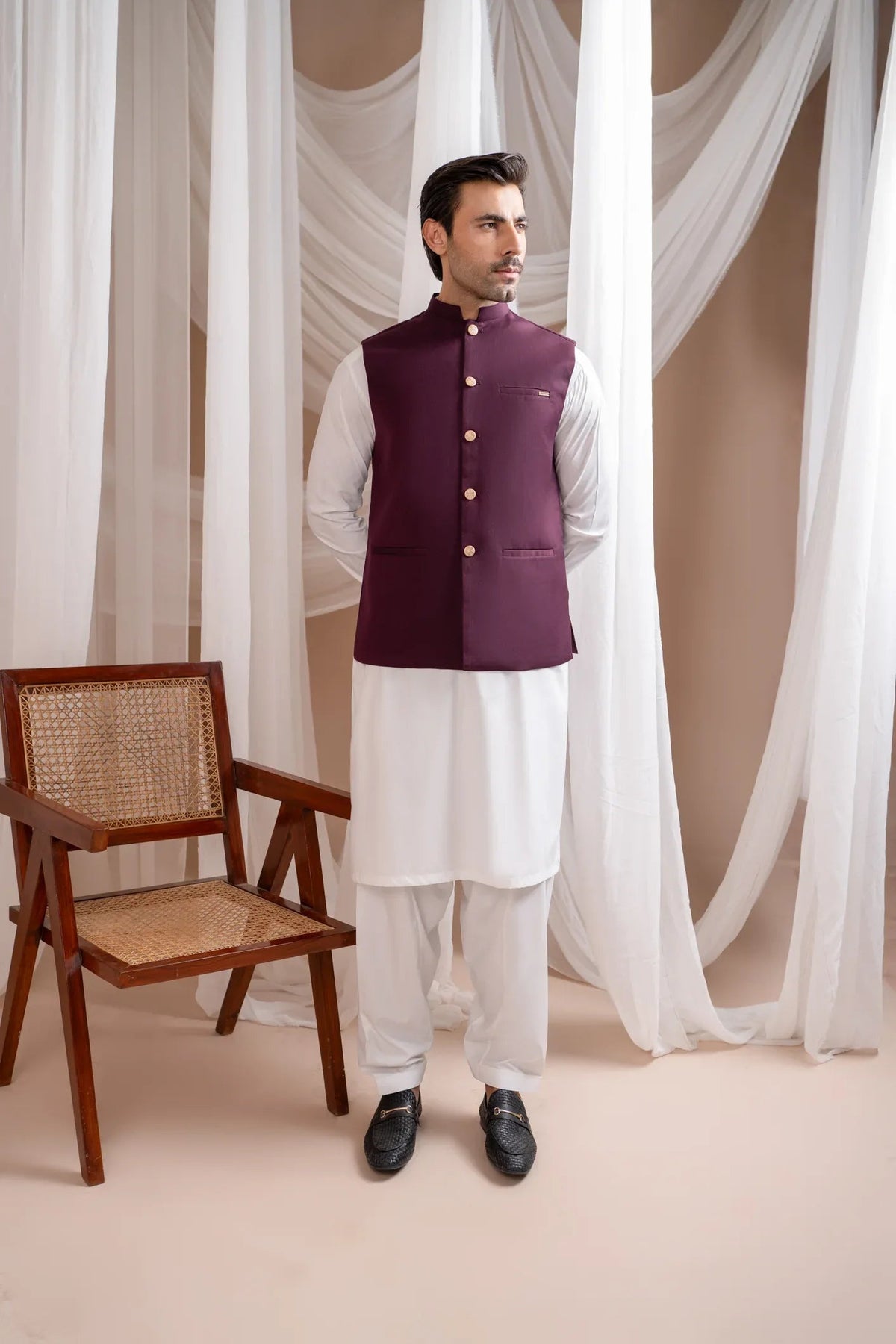 Burgundy Suiting Waistcoat - Straight Cut Buttoned - Men