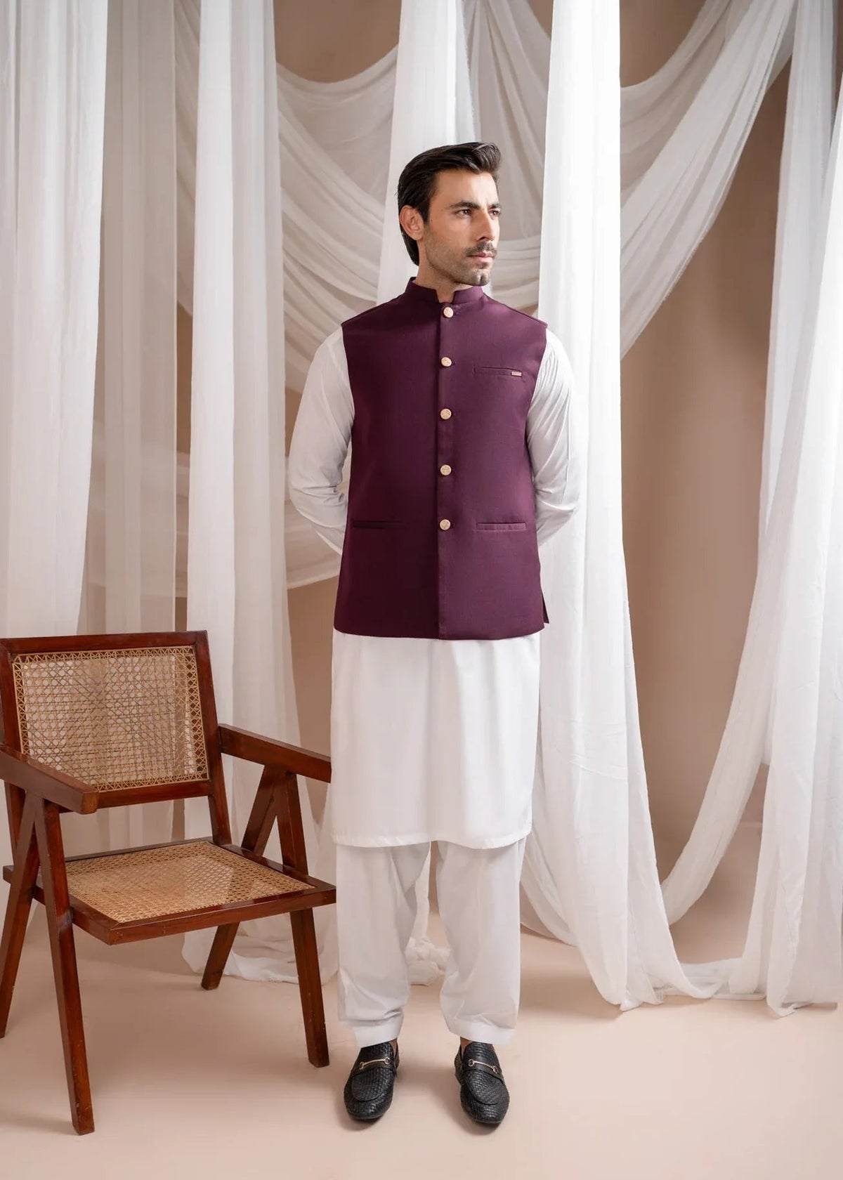 Off White Kurta Shalwar with Burgundy Suiting Waistcoat - Straight Cut - Men
