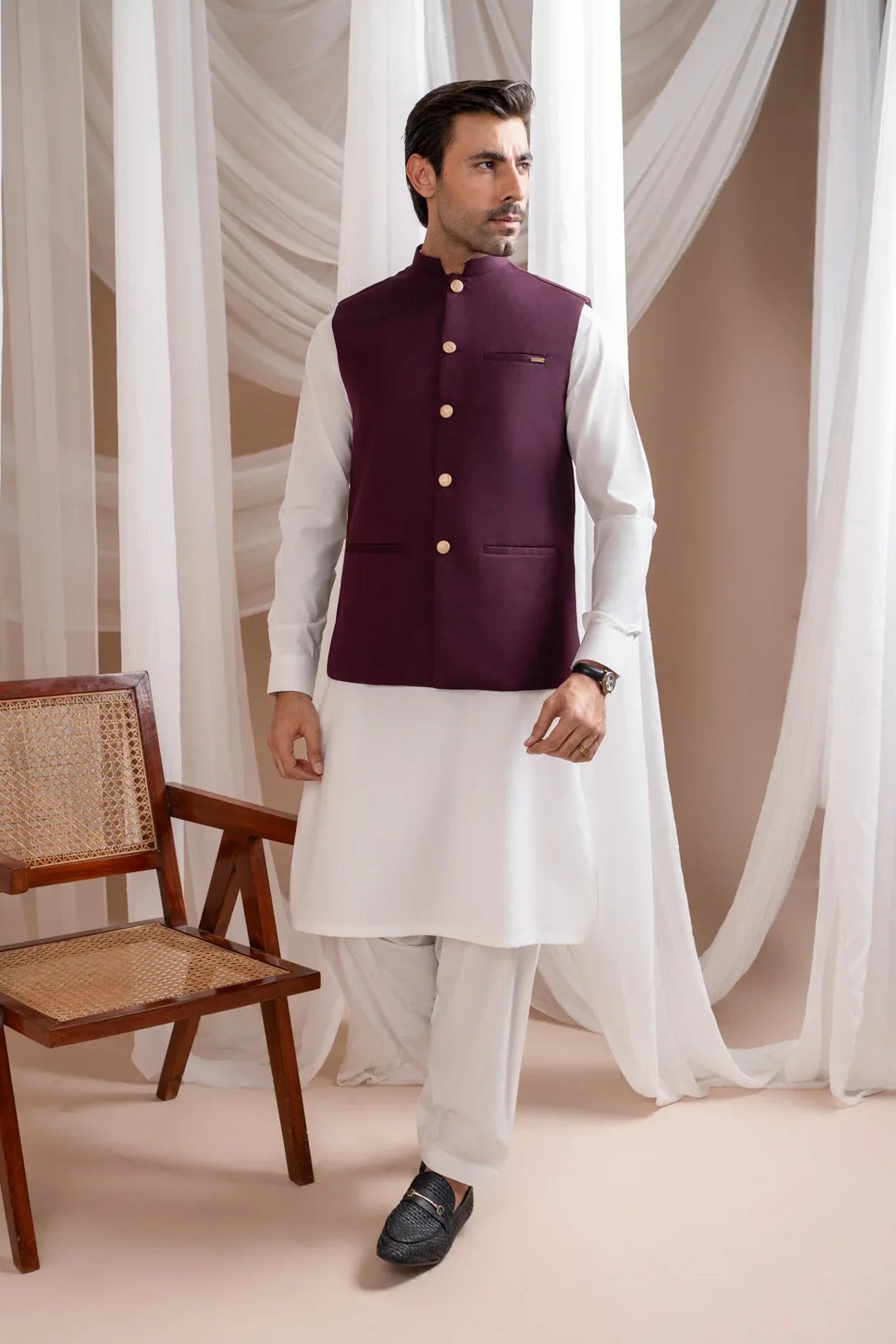 Off White Kurta Shalwar with Burgundy Suiting Waistcoat - Straight Cut - Men
