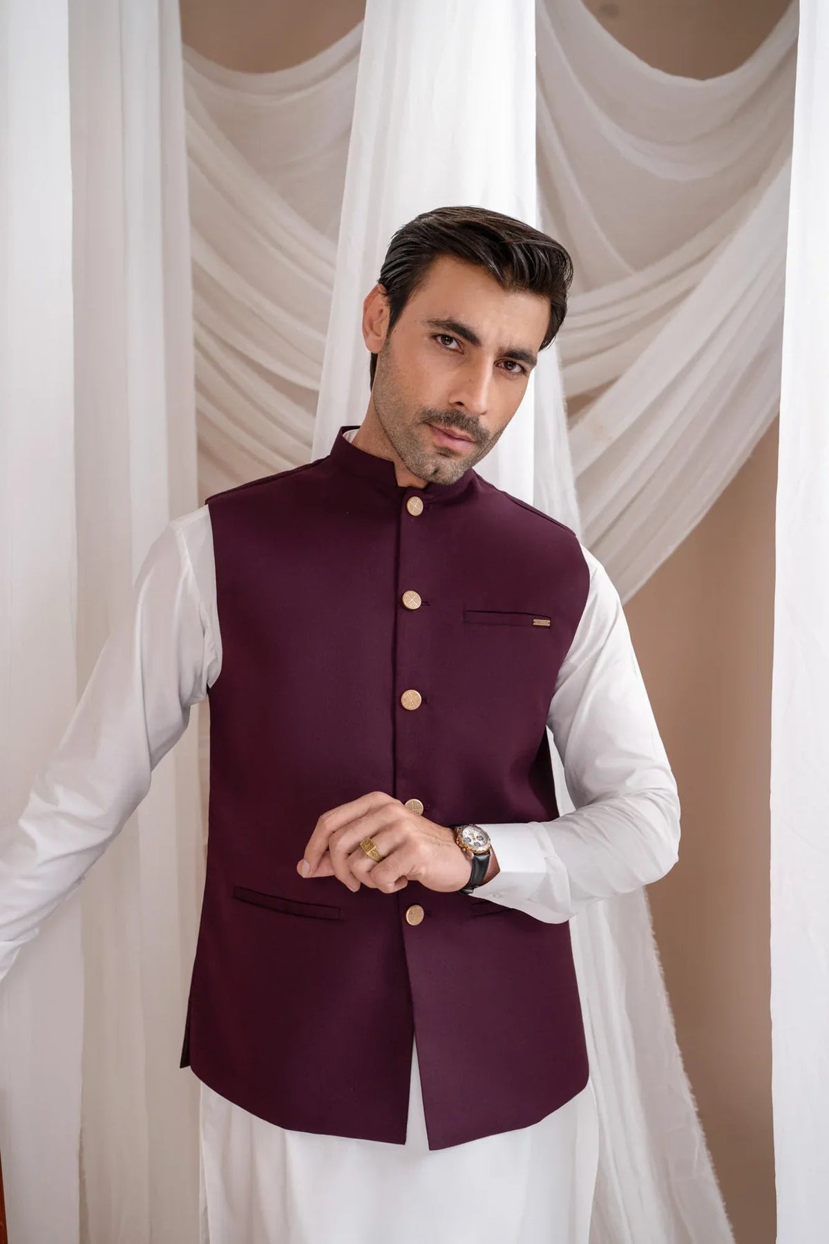 Off White Kurta Shalwar with Burgundy Suiting Waistcoat - Straight Cut - Men