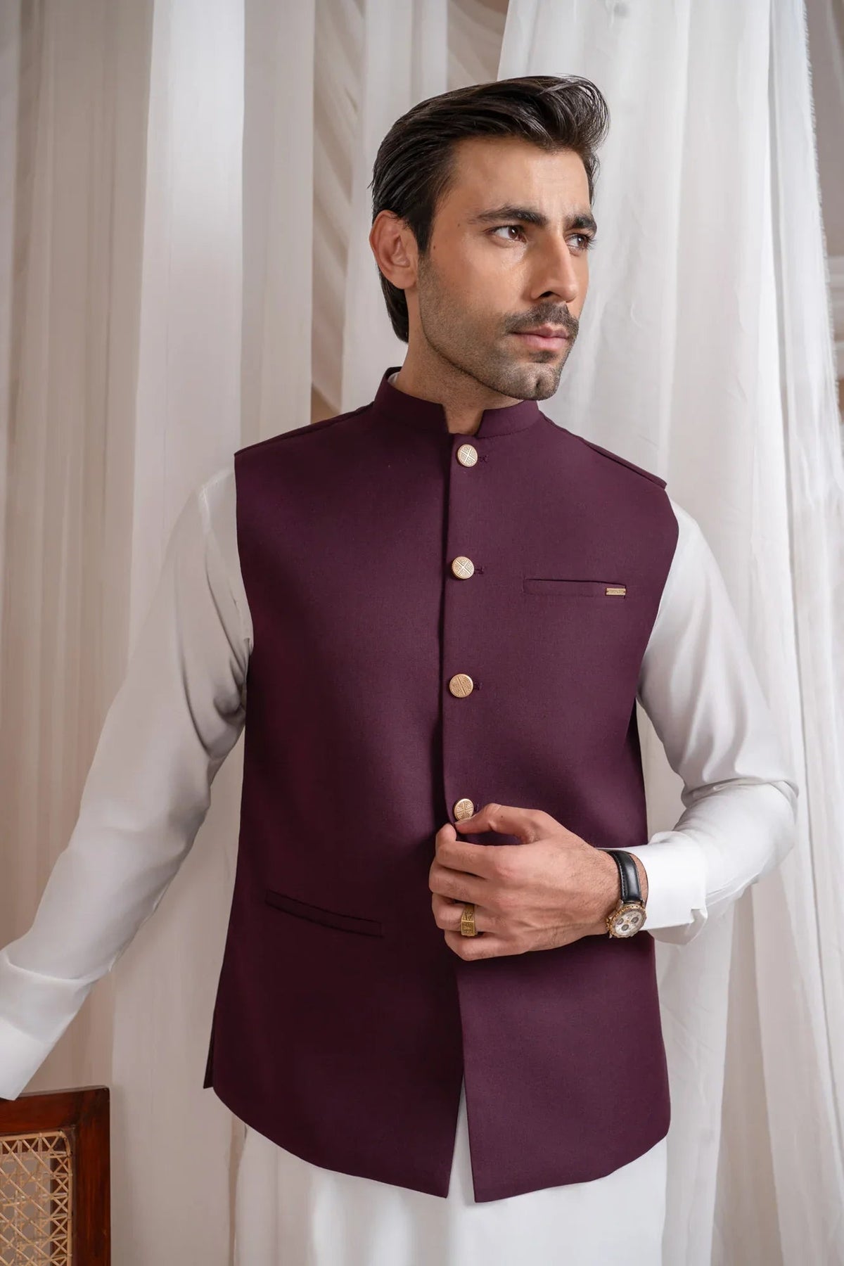 Off White Kurta Shalwar with Burgundy Suiting Waistcoat - Straight Cut - Men