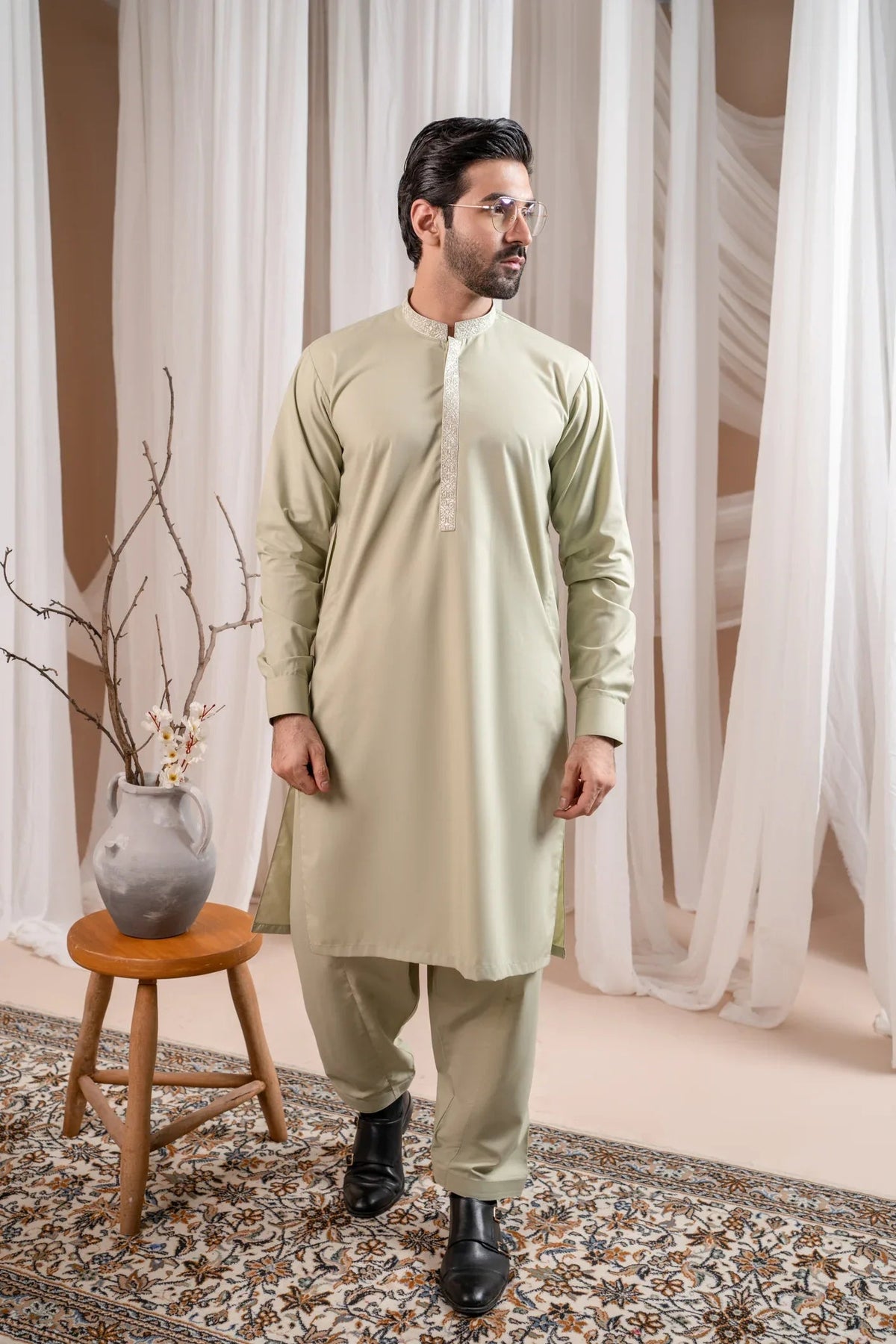 Formal Mint Green Kurta Shalwar - Collar Neck Embroidered - Men