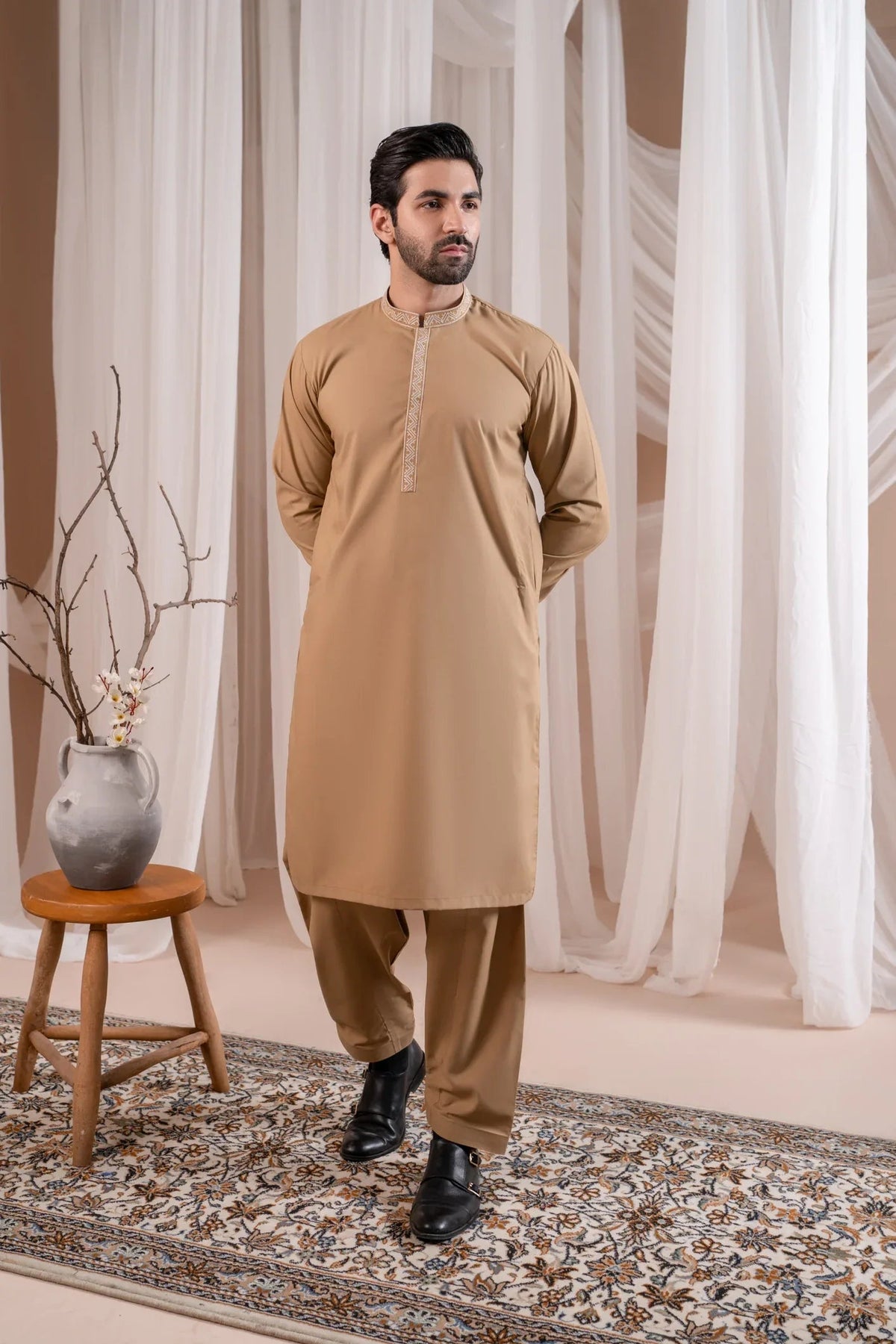 Formal Camel Kurta Shalwar - Collar Neck Embroidered - Men