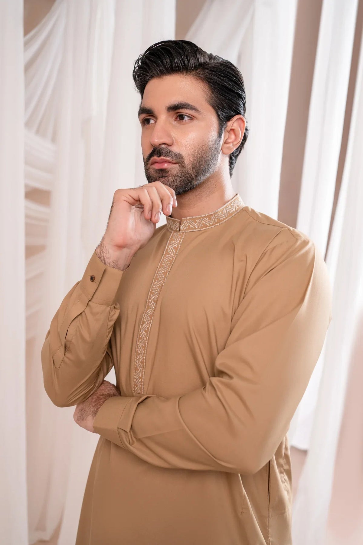 Formal Camel Kurta Shalwar - Collar Neck Embroidered - Men