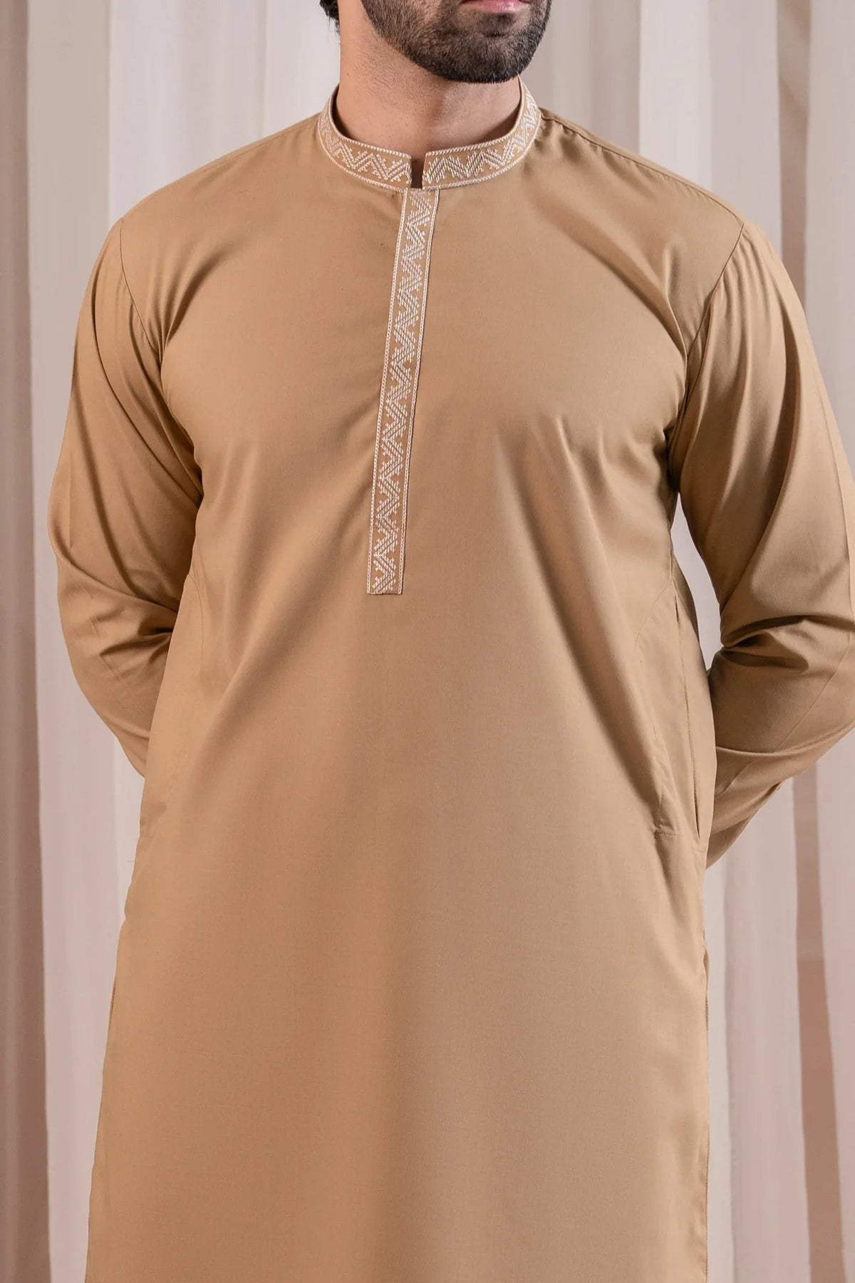 Formal Camel Kurta Shalwar - Collar Neck Embroidered - Men