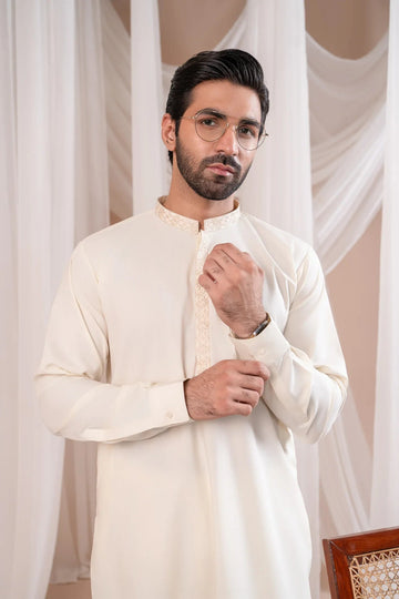 Formal Bosky White Kurta Shalwar - Collar Neck Embroidered - Men