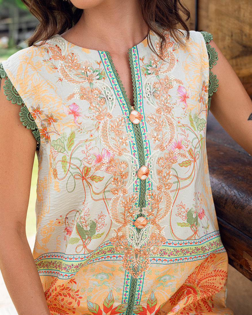 Roheenaz | Garden Veal Printed Lawn 25 | Gold Riddle