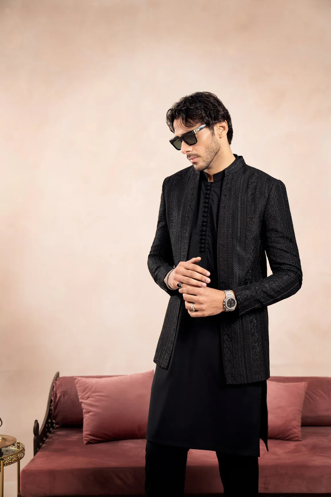 Black Cross Stitched Embroidered Open Prince Coat - Men