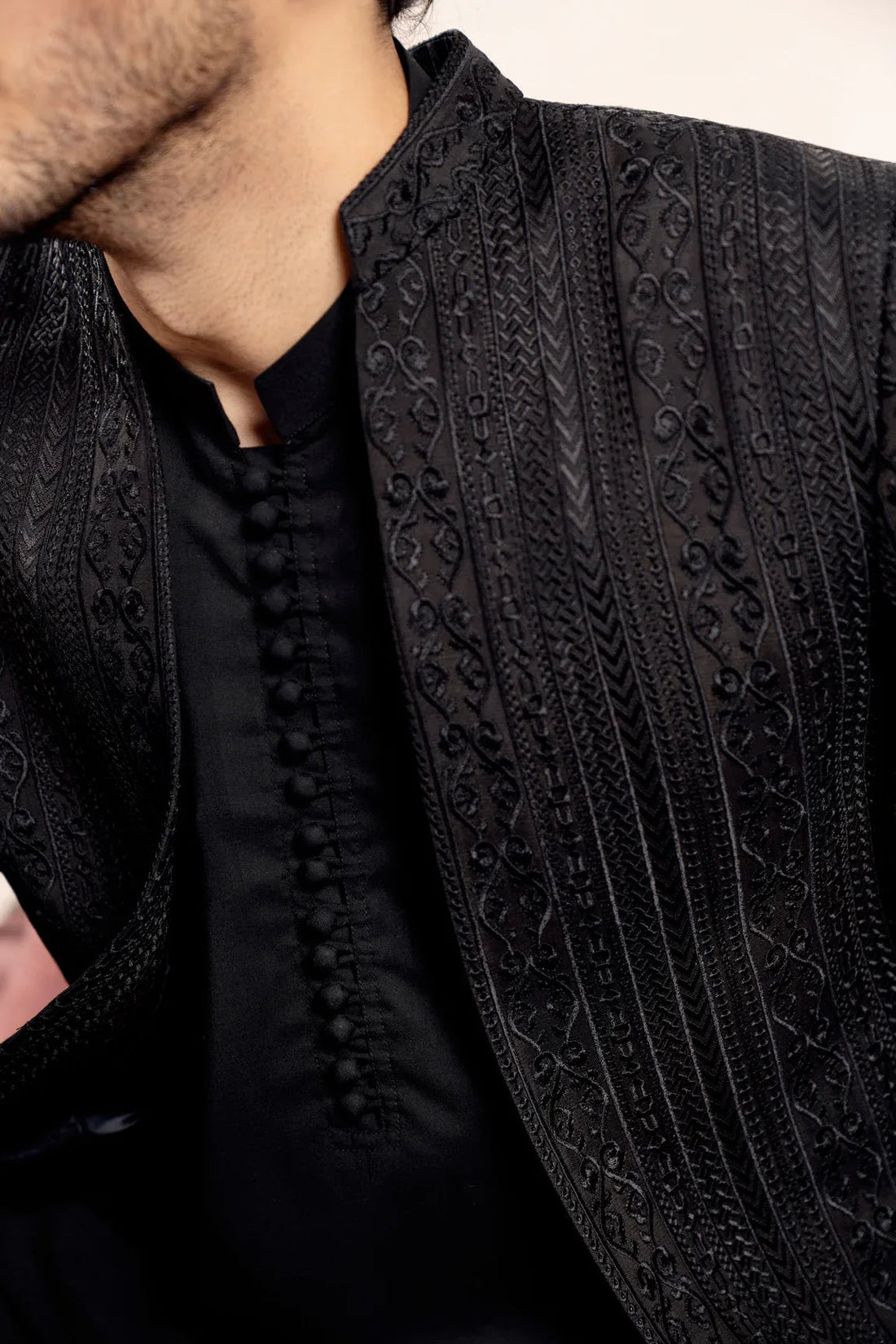 Black Cross Stitched Embroidered Open Prince Coat - Men