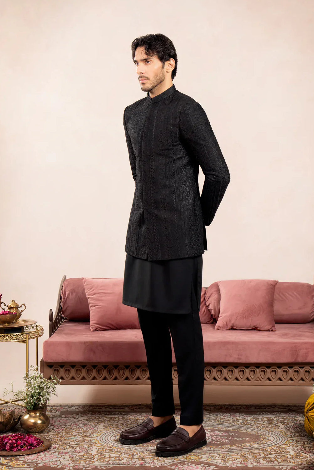 Black Kurta Trouser with Cross Stitched Embroidered Prince Coat - 3PC - Men