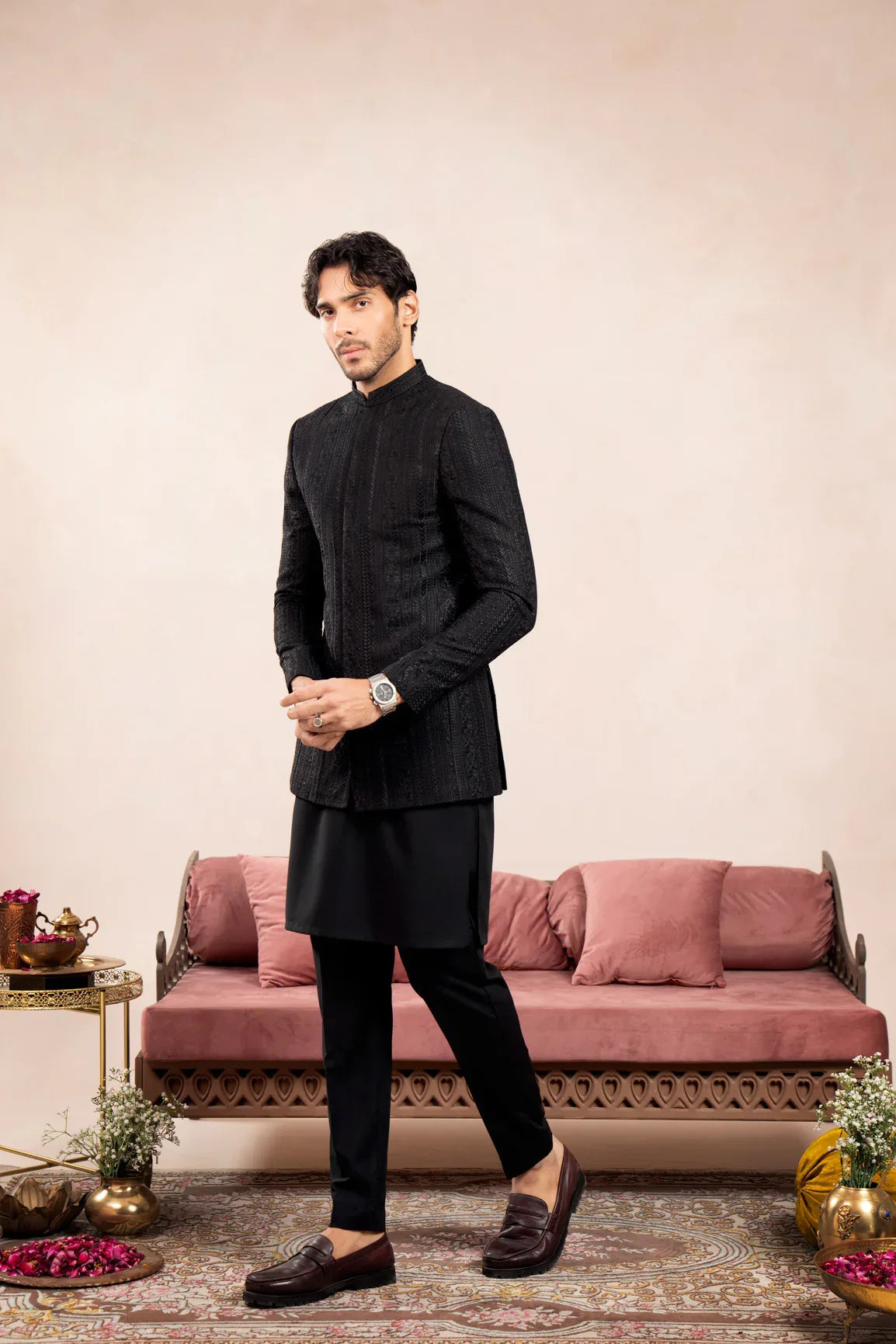 Black Cross Stitched Embroidered Prince Coat - Men