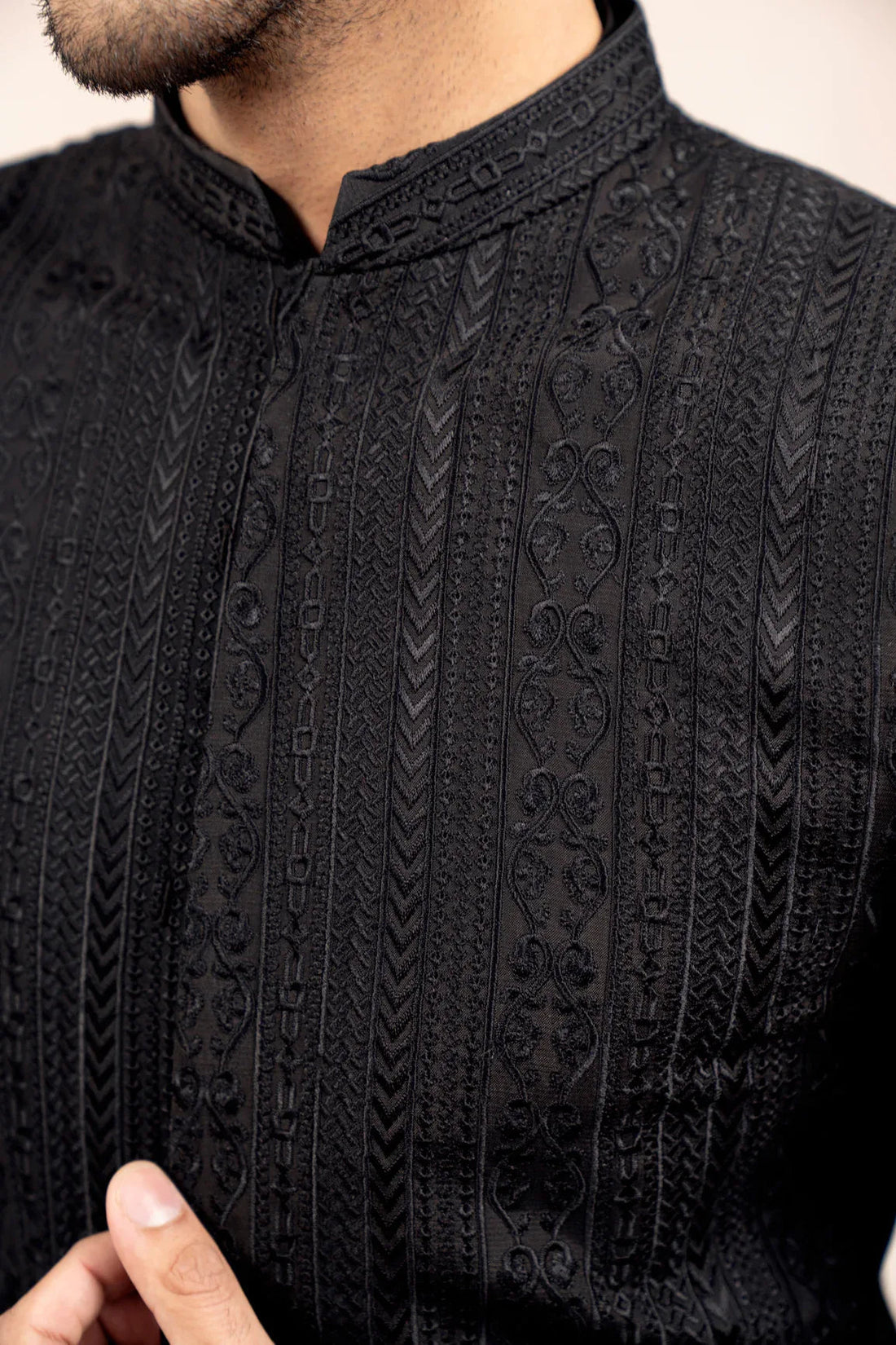 Black Cross Stitched Embroidered Prince Coat - Men