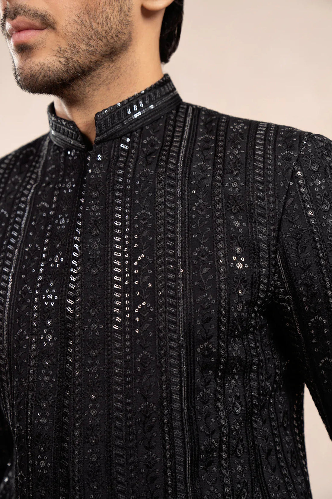 Black Kurta Trouser with Falling Embroidered - Pani Sequin Prince Coat - 3PC - Men