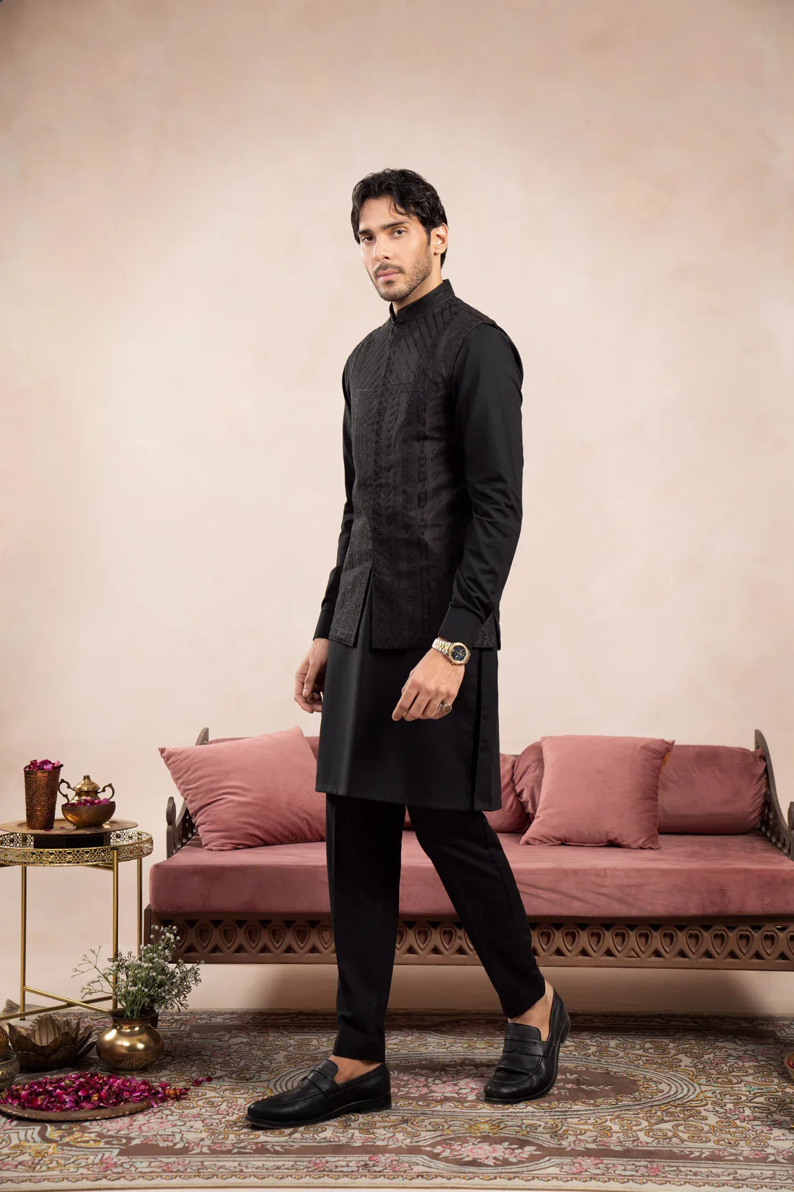 Black Kurta Trouser with Royal Embroidered Waistcoat - 3PC - Men