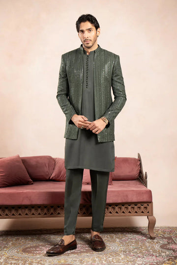 Olive Green Loop Kurta Trouser with Falling Embroidered Open Prince Coat - 3PC - Men