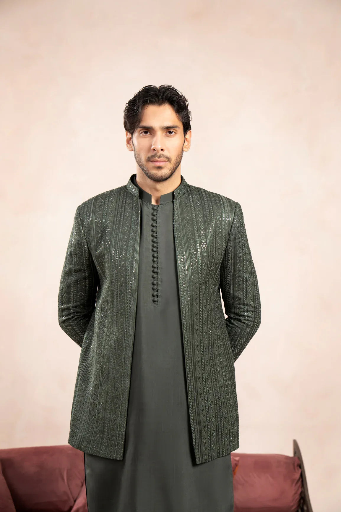 Olive Green Falling Embroidered Open Prince Coat - Men