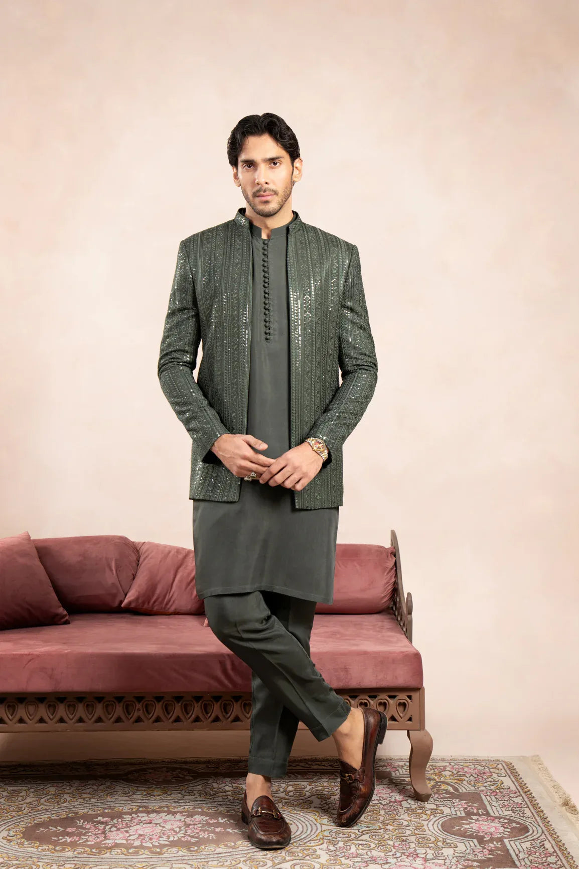 Olive Green Falling Embroidered Open Prince Coat - Men
