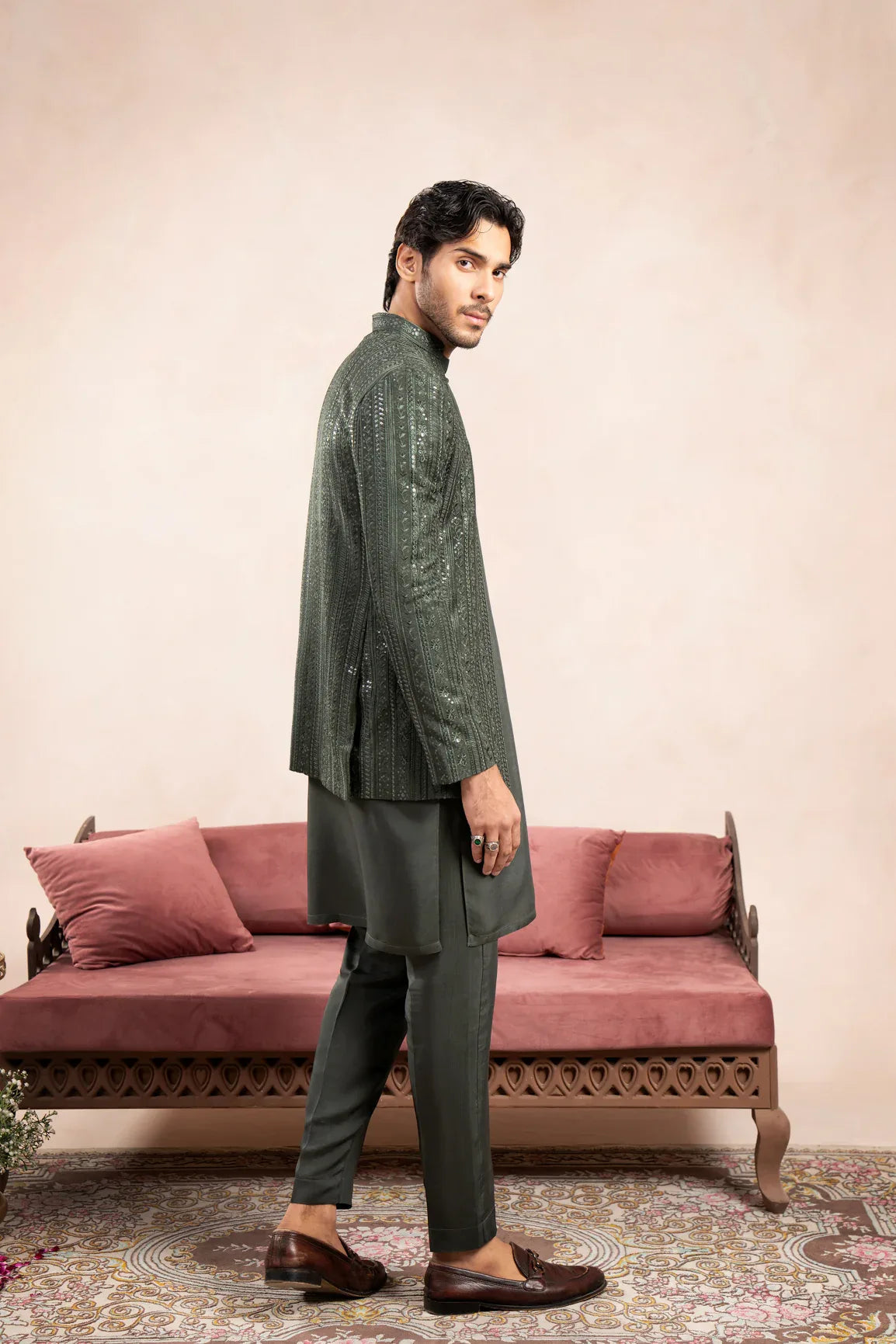 Olive Green Falling Embroidered Open Prince Coat - Men