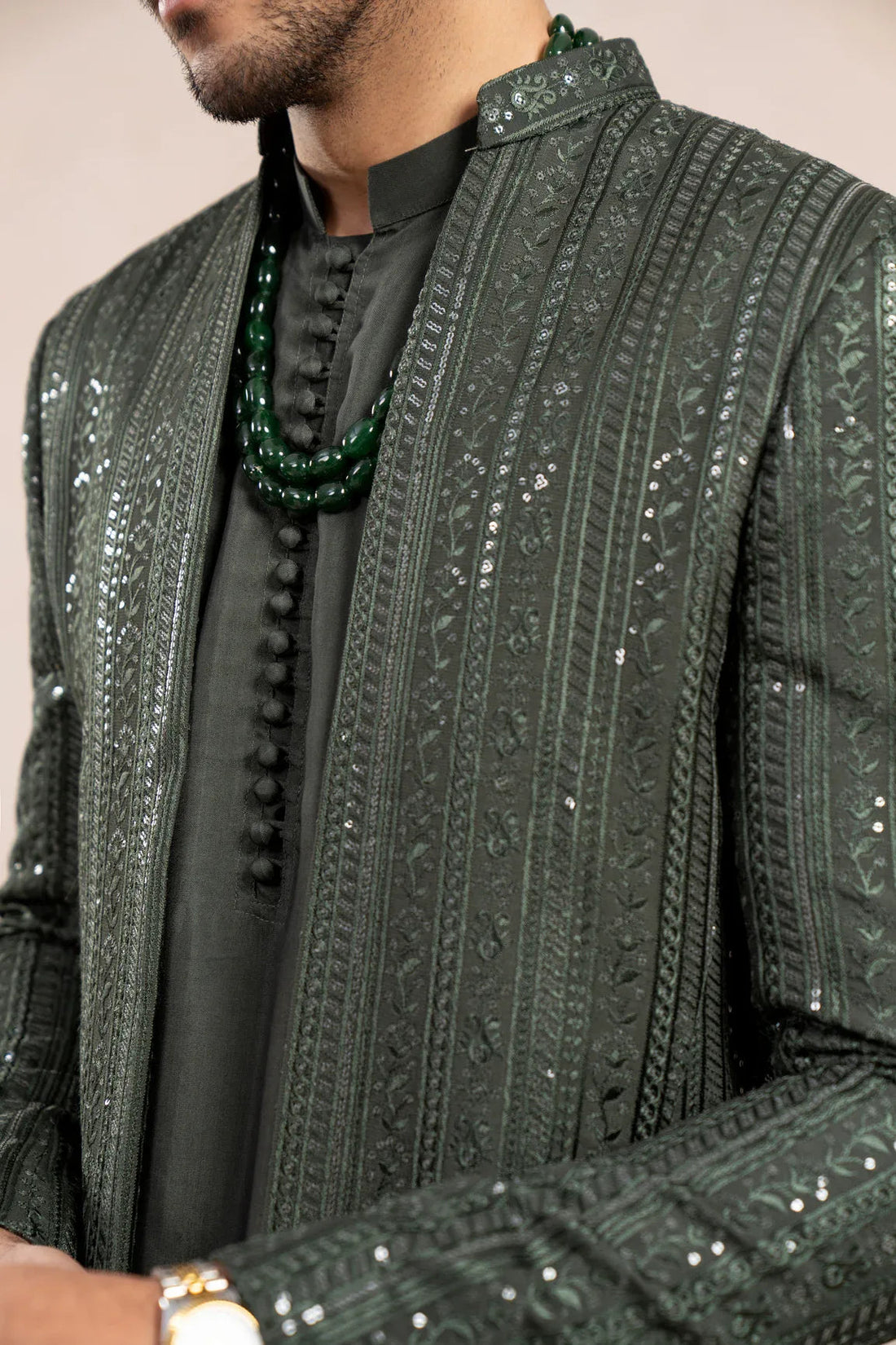 Olive Green Falling Embroidered Open Prince Coat - Men