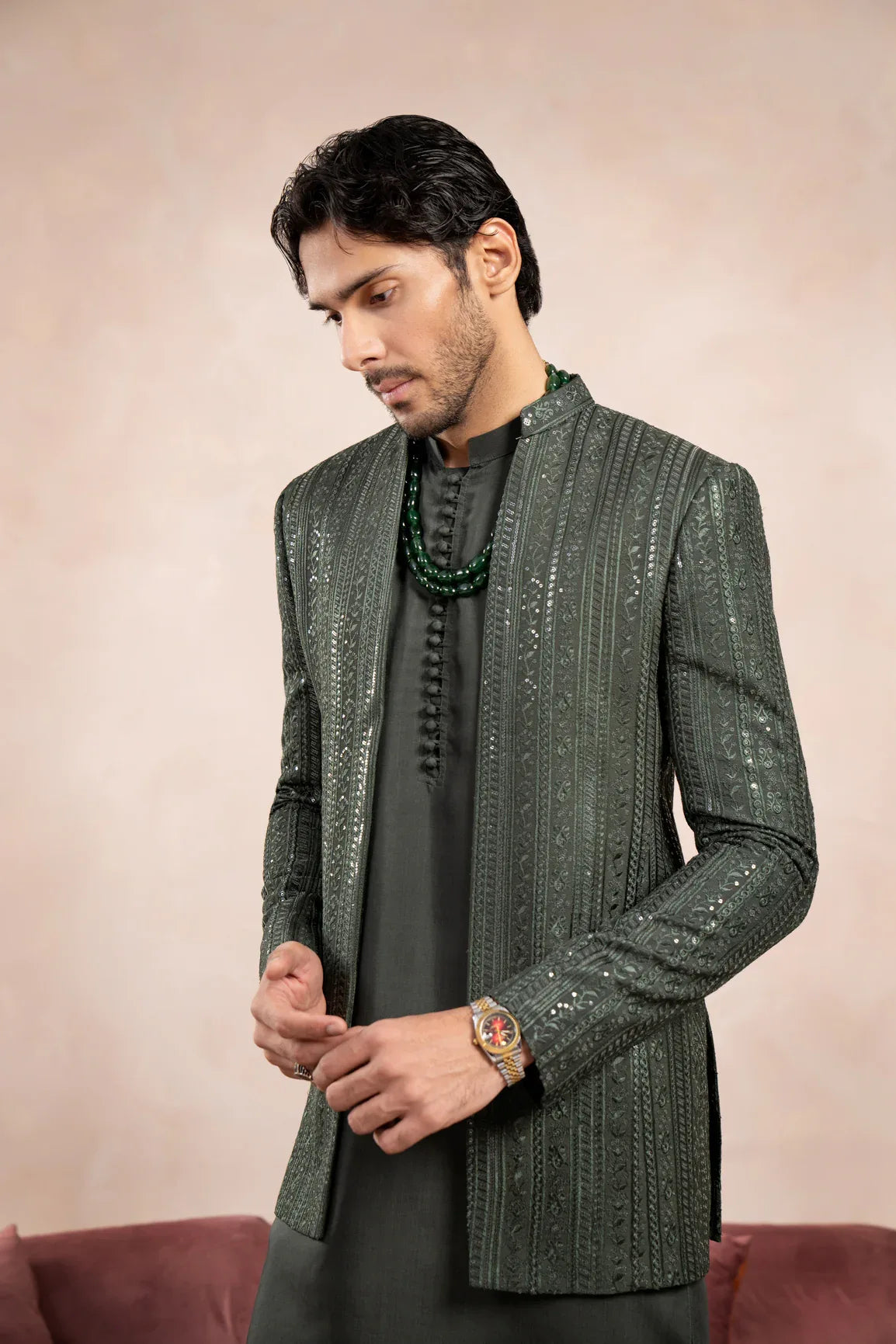 Olive Green Falling Embroidered Open Prince Coat - Men
