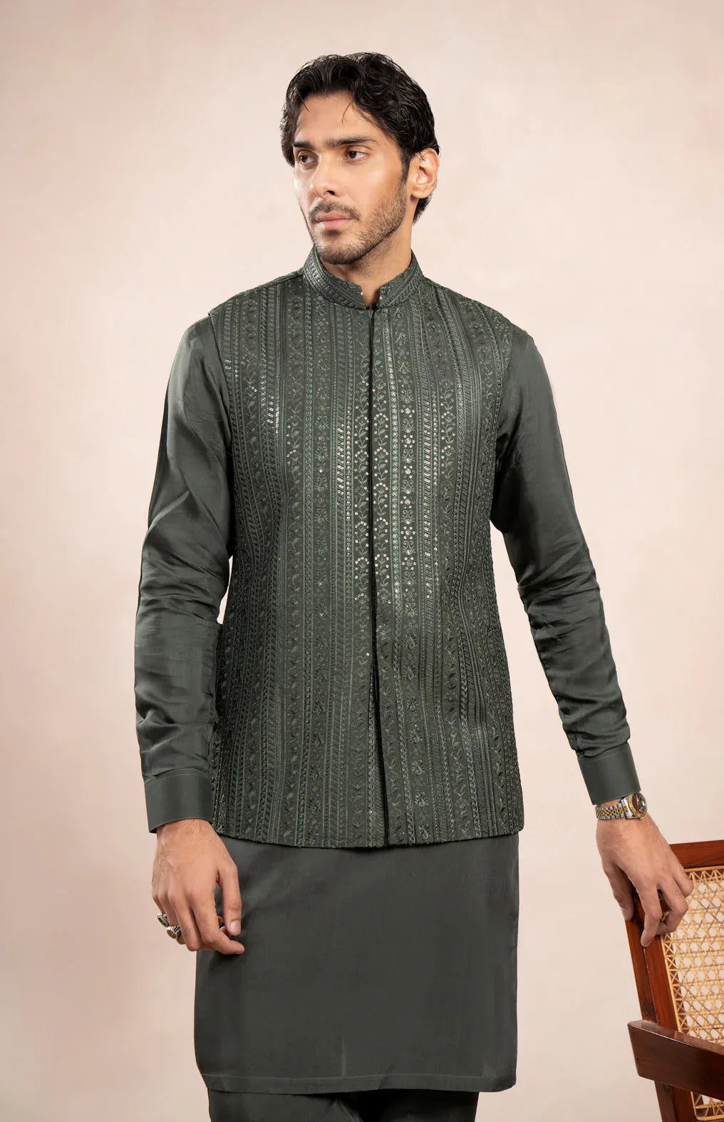 Olive Green Falling Embroidered Waistcoat - Men