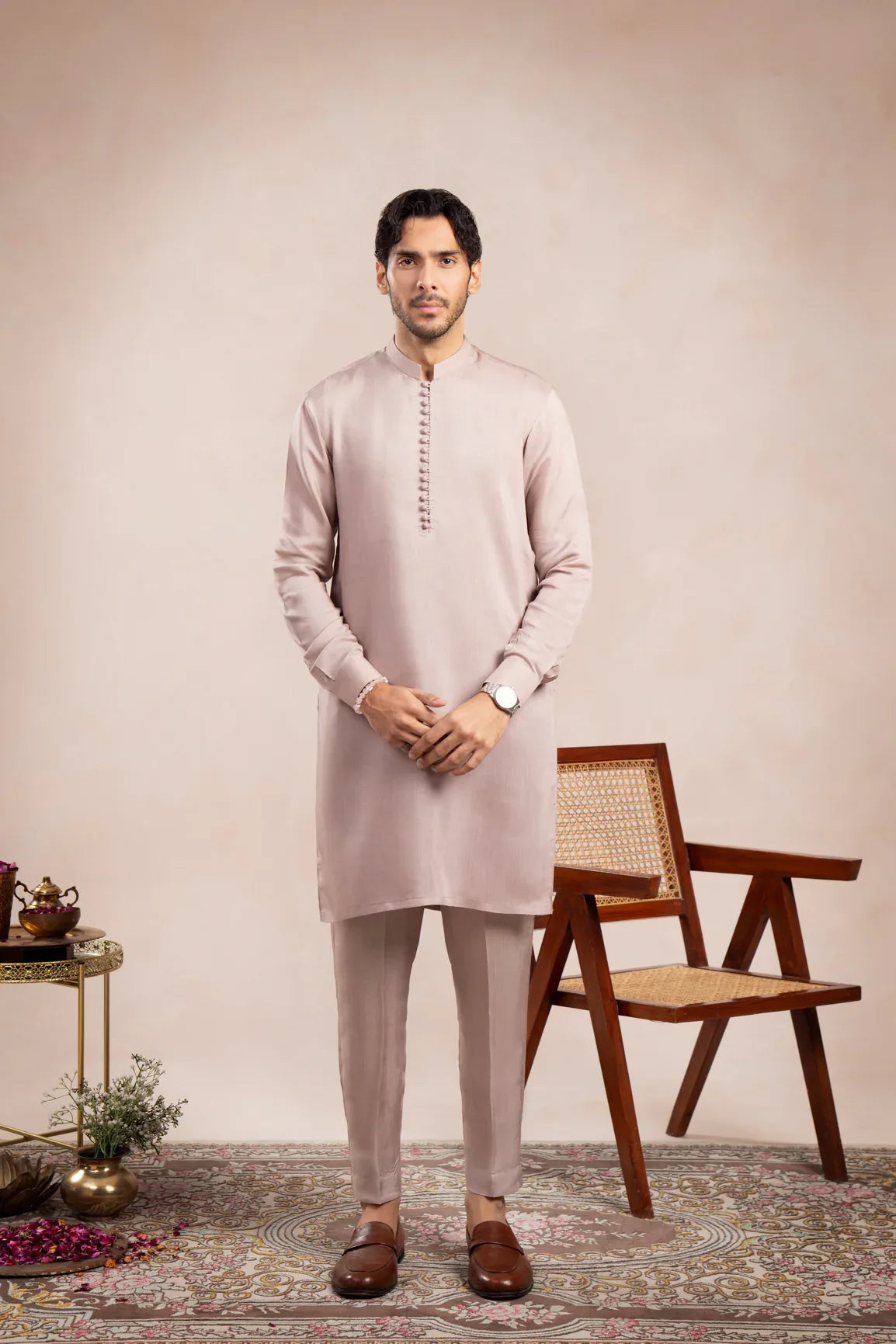 Pink Loop Kurta Trouser with Falling Embroidered Open Prince Coat - 3PC - Men