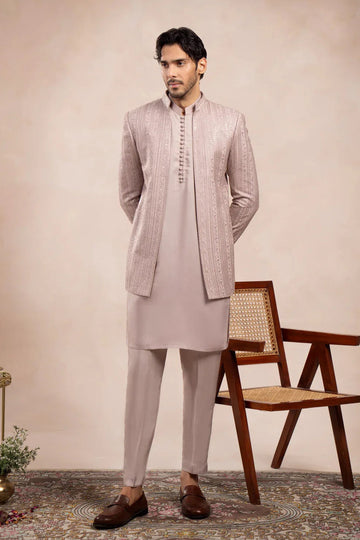 Pink Loop Kurta Trouser with Falling Embroidered Open Prince Coat - 3PC - Men