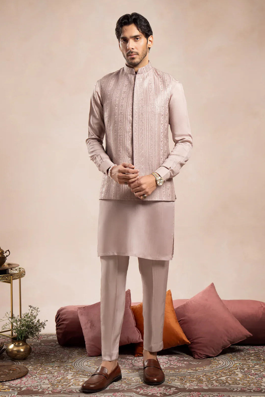Pink Kurta Trouser Falling Embroidered Waistcoat - 3PC - Men