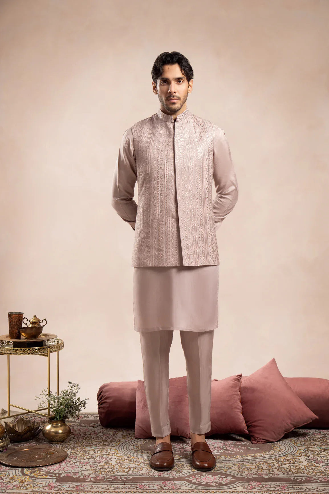 Pink Kurta Trouser Falling Embroidered Waistcoat - 3PC - Men