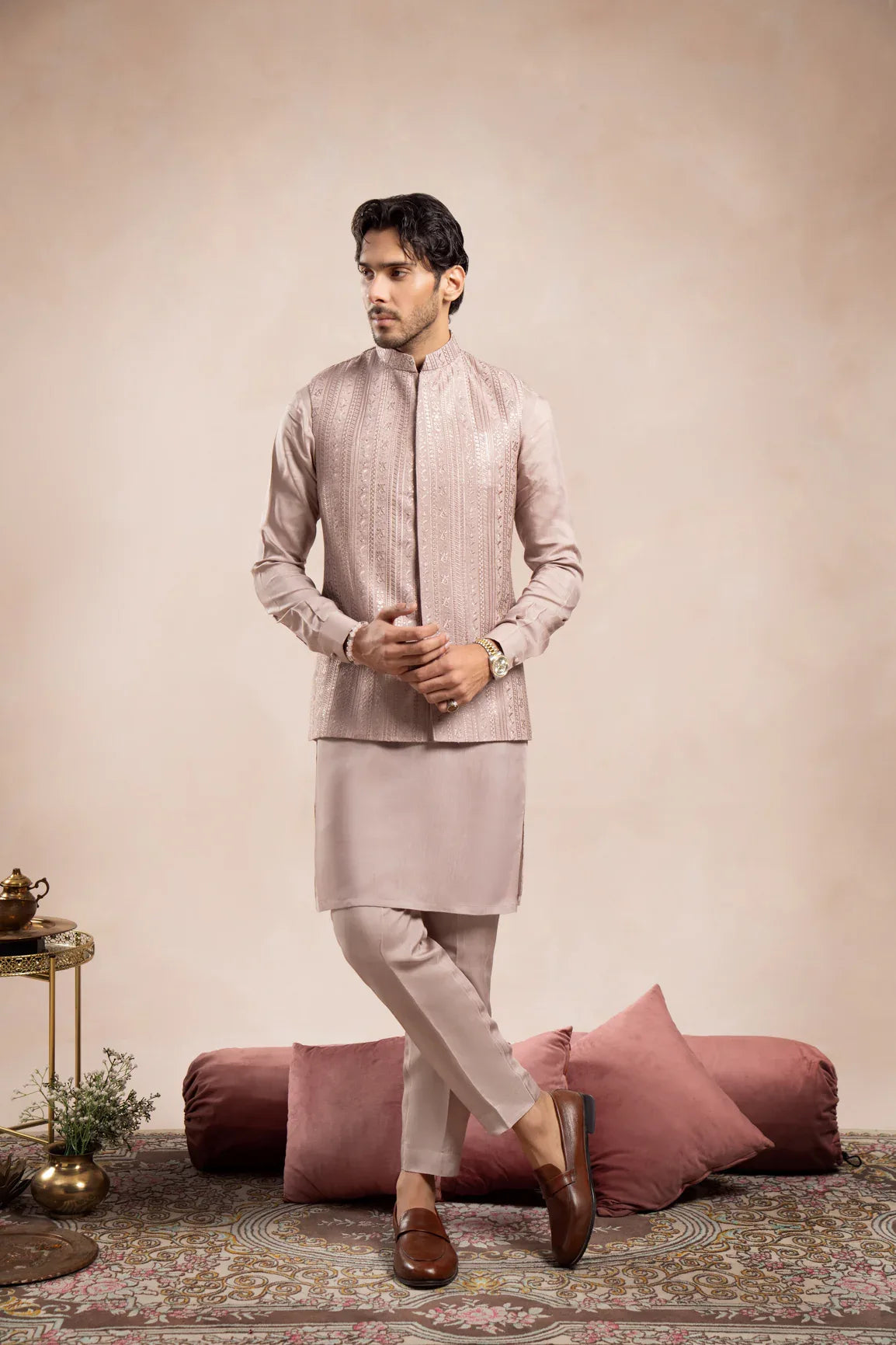 Pink Kurta Trouser Falling Embroidered Waistcoat - 3PC - Men