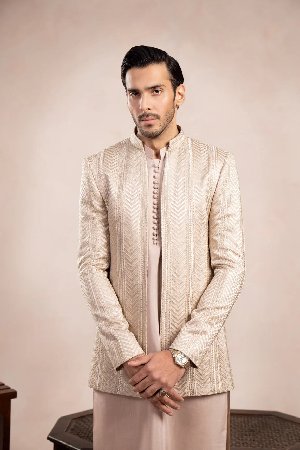 Coffee Beige Loop Kurta Trouser with Arrow Embroidered Open Prince Coat - 3PC - Men