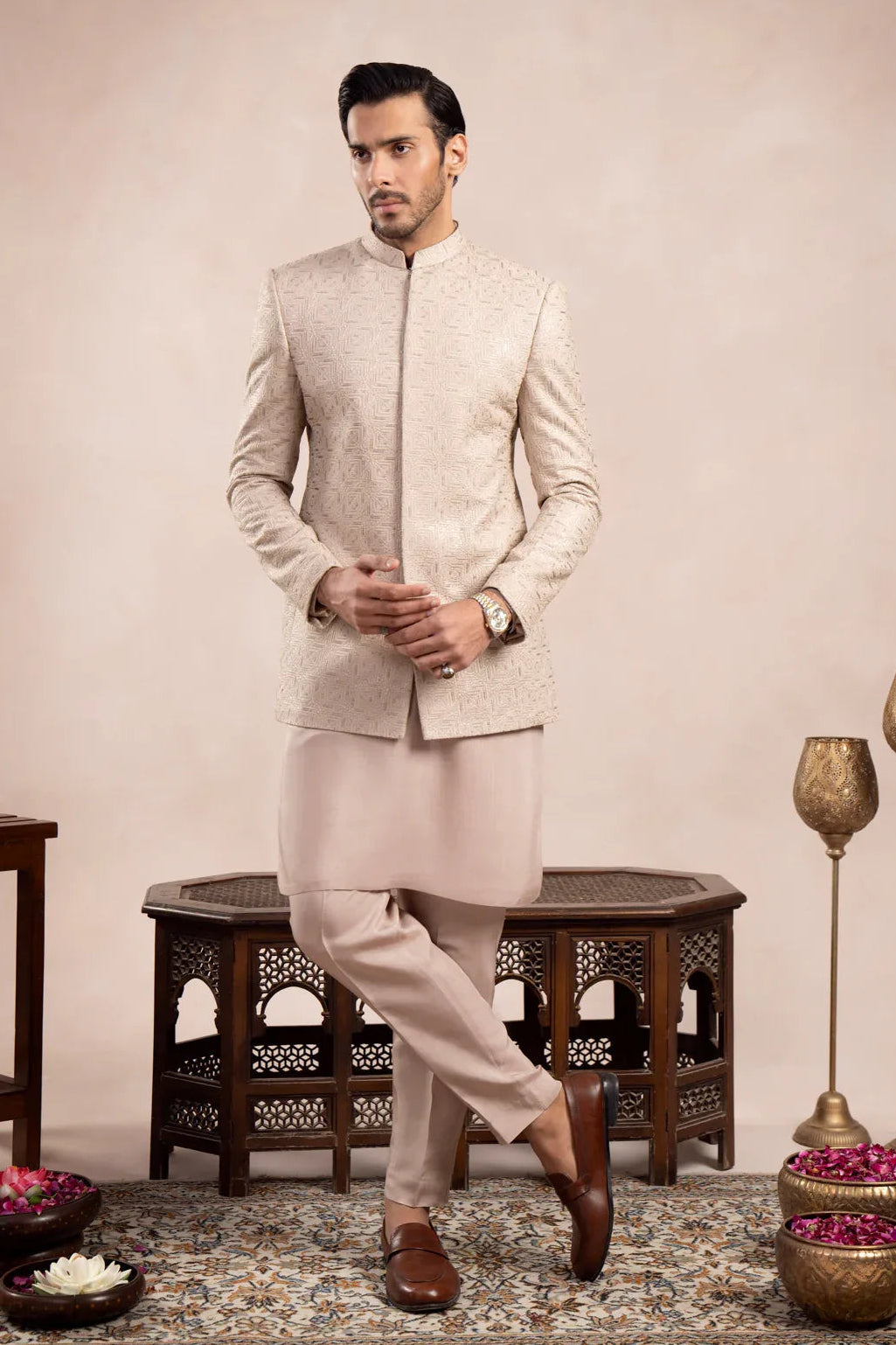 Coffee Beige Kurta Trouser with Square Embroidered Prince Coat - 3PC - Men