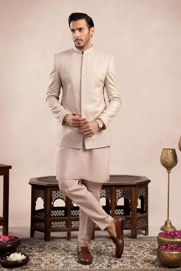Coffee Beige Kurta Trouser with Square Embroidered Prince Coat - 3PC - Men