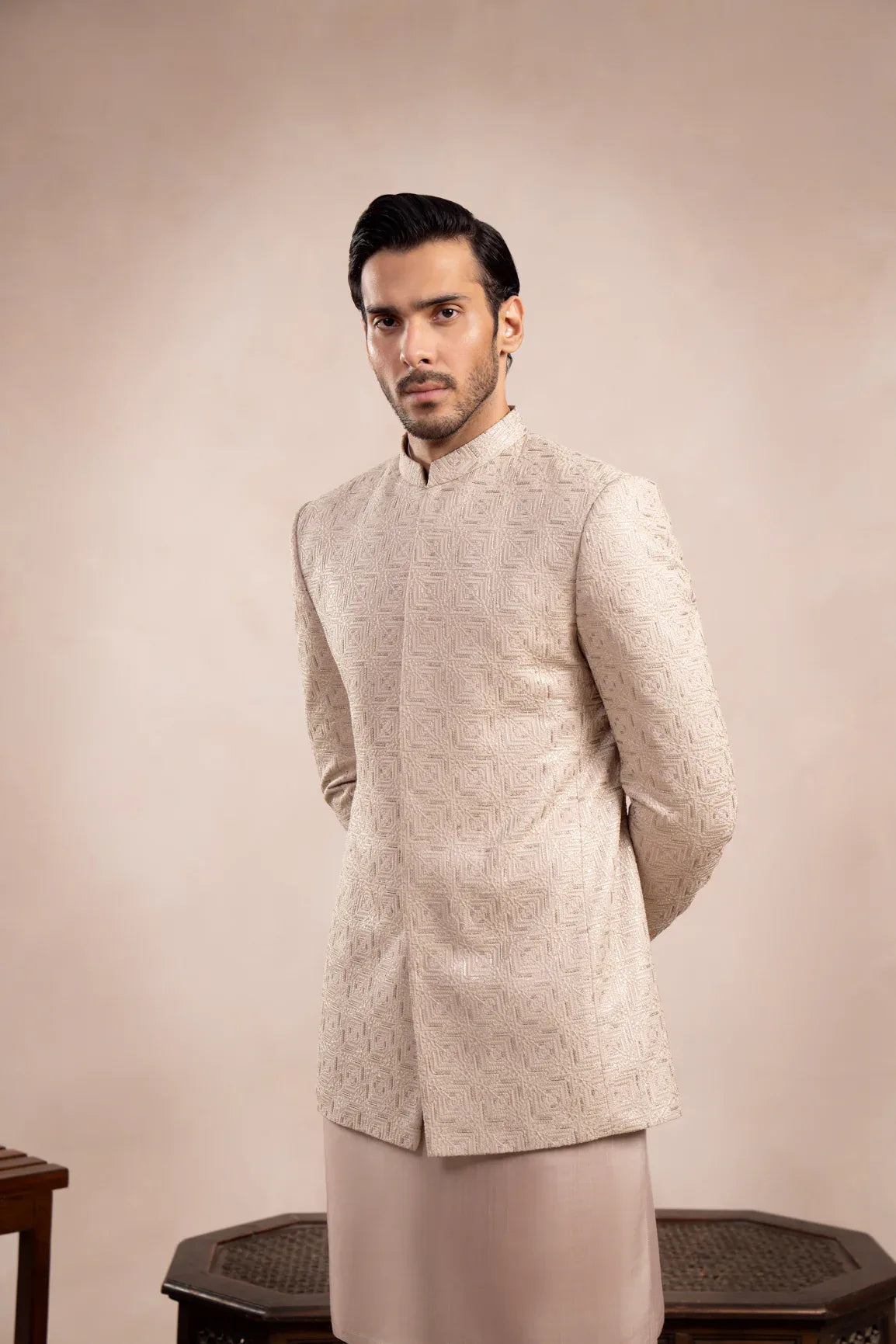 Coffee Beige Square Embroidered Prince Coat - Men