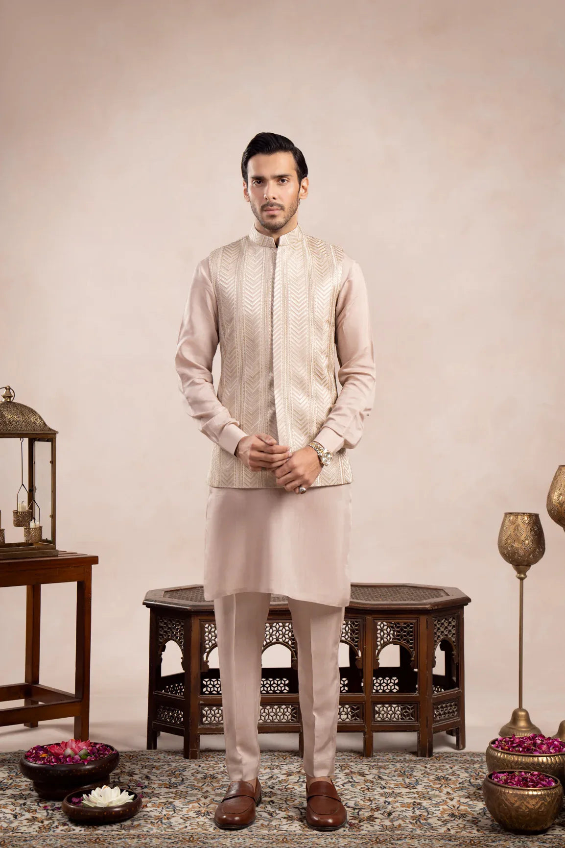 Coffee Beige Kurta Trouser with Arrow Embroidered Waistcoat  - 3PC - Men